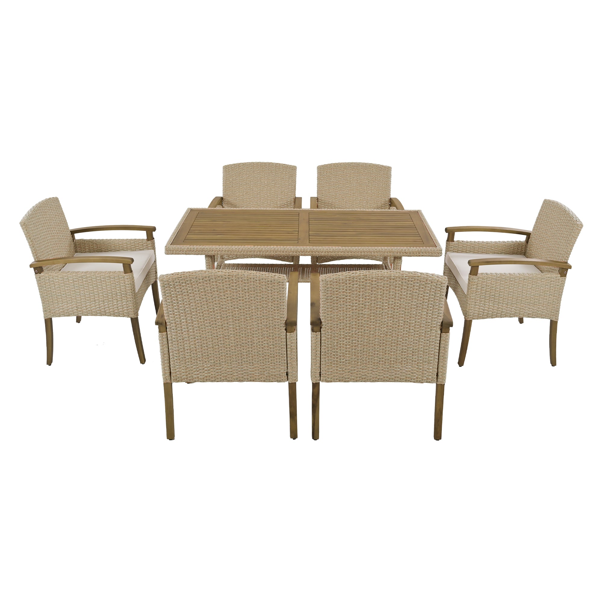 TOPMAX Outdoor Patio 7-Piece Dining Table Set All Weather PE Rattan Dining Set with Wood Tabletop and Cushions for 6, White
