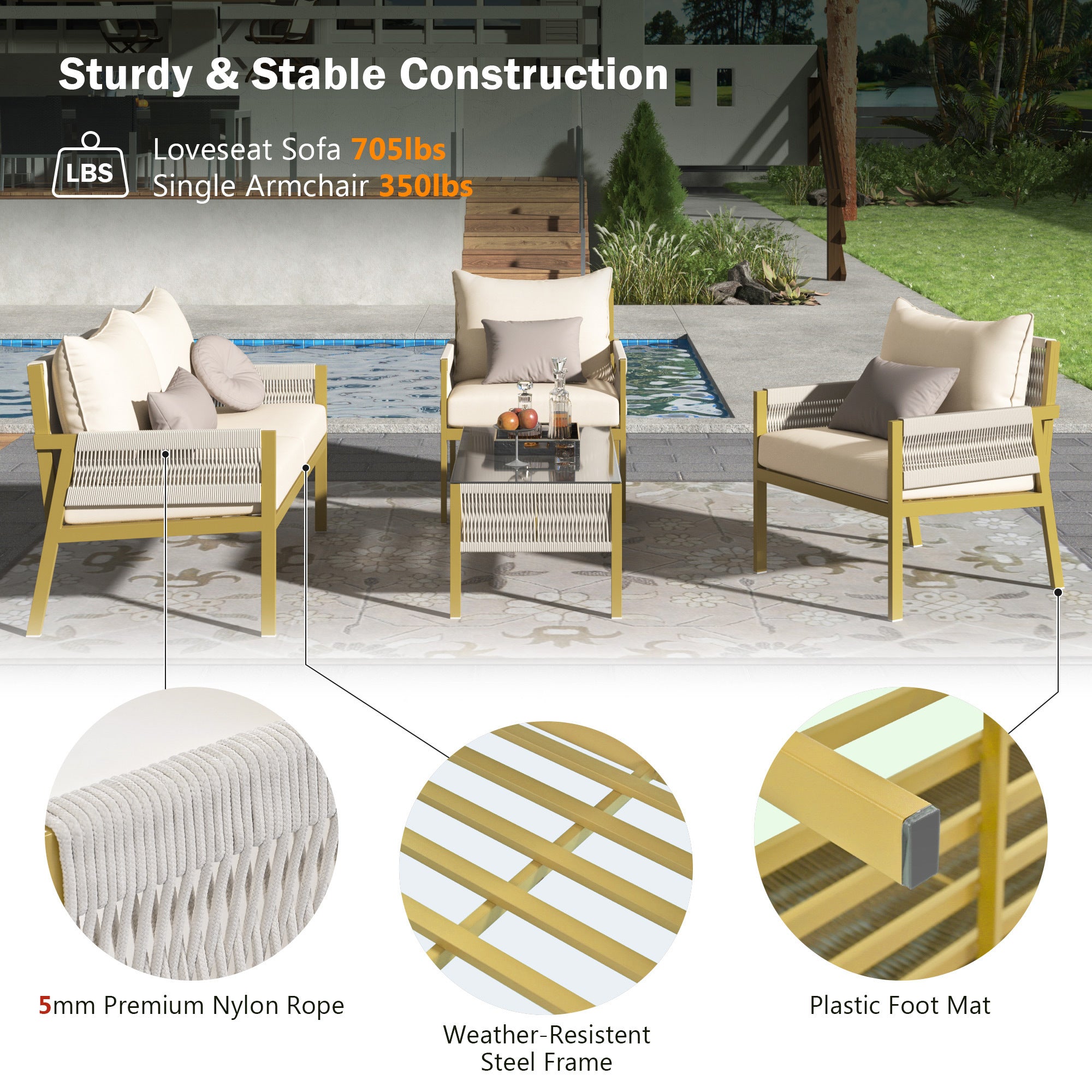 K&K 4-Piece Rope Patio Furniture Set, Outdoor Furniture with Tempered Glass Table, Patio Conversation Set Deep Seating with Thick Cushion for Backyard Porch Balcony (Beige&Mustard Yellow)