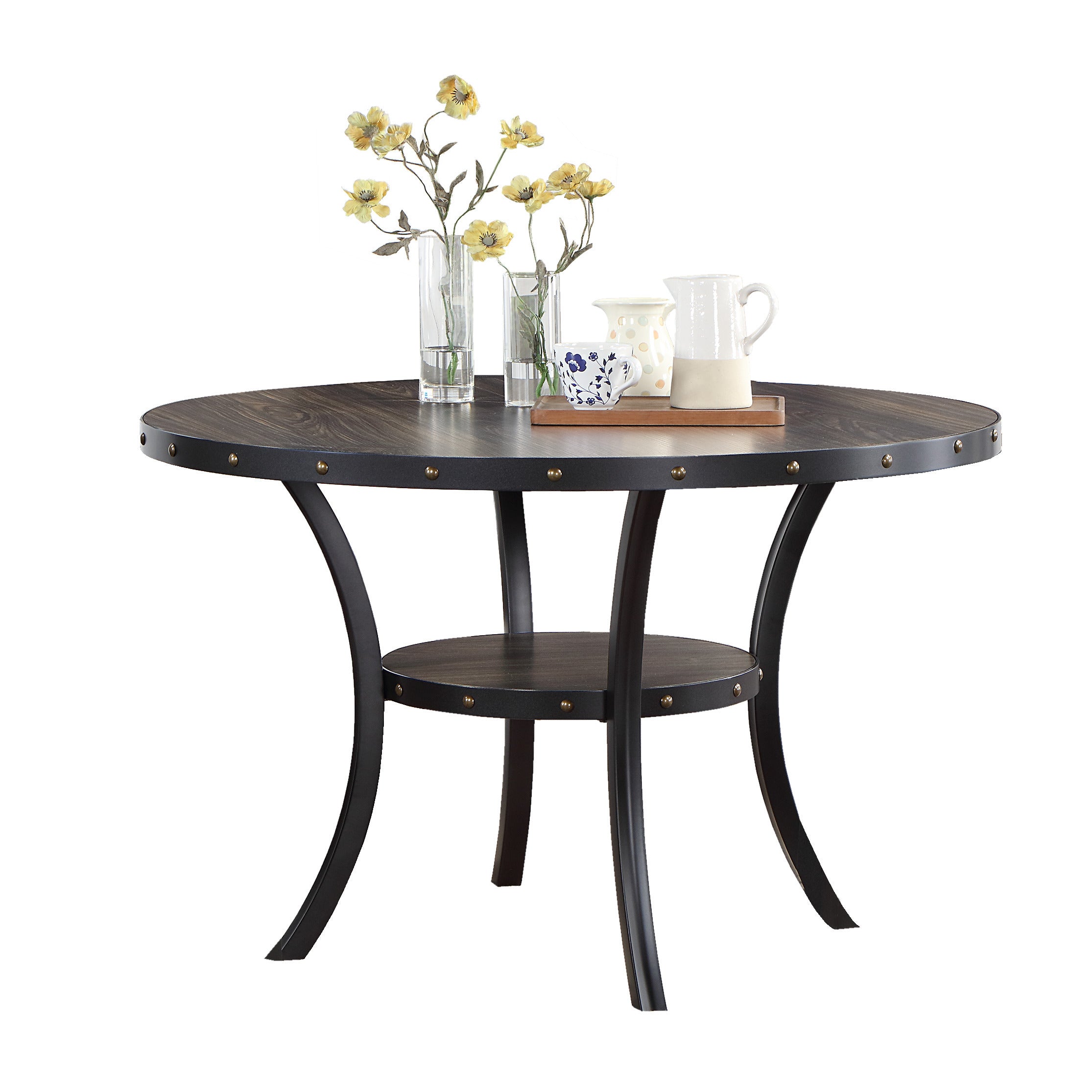 Dining Room Furniture Natural Wooden Round Dining Table 1pc Dining Table Only Nailheads and Storage Shelve