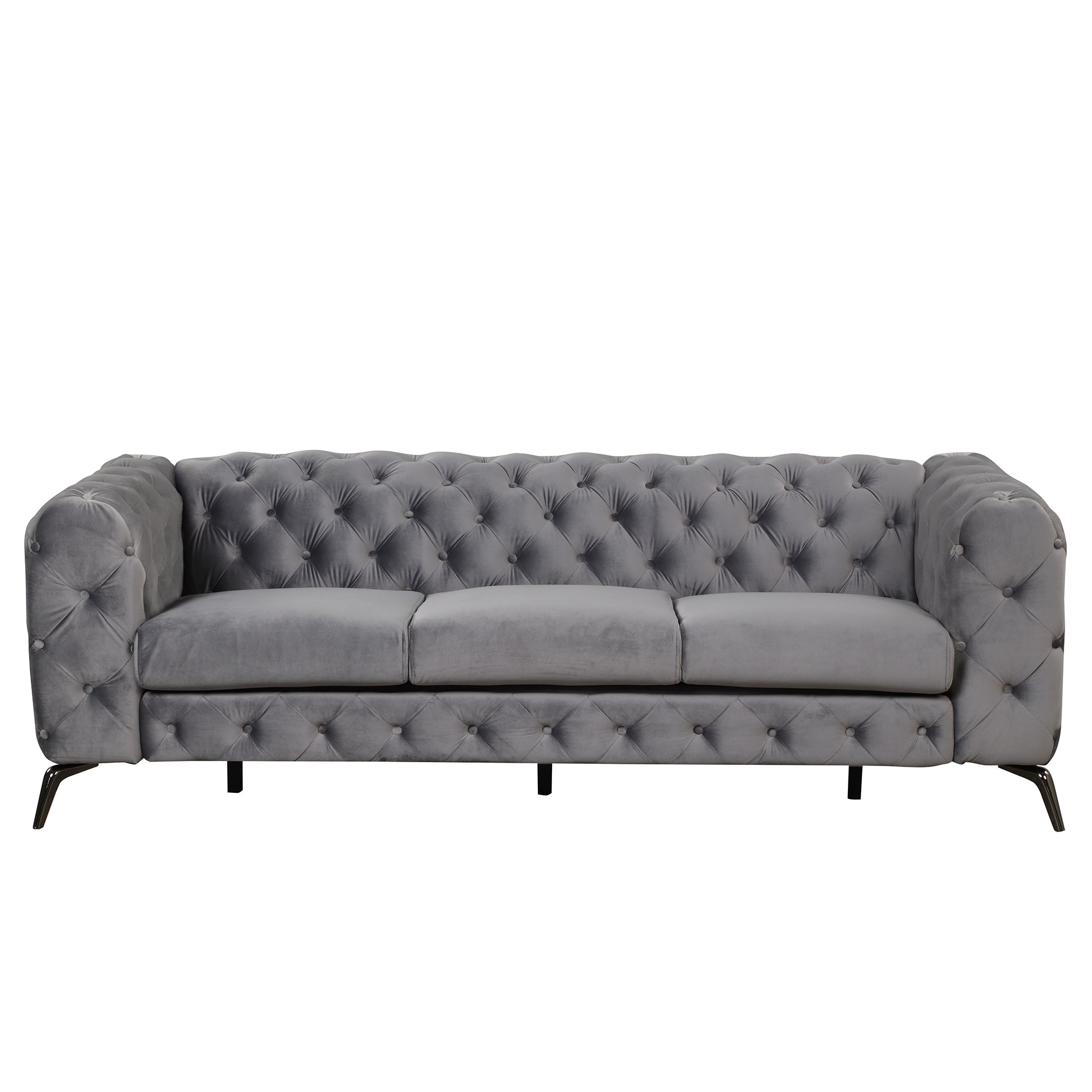 85.5" Velvet Upholstered Sofa with Sturdy Metal Legs,Modern Sofa Couch with Button Tufted Back, 3 Seater Sofa Couch for Living Room,Apartment,Home Office,Gray