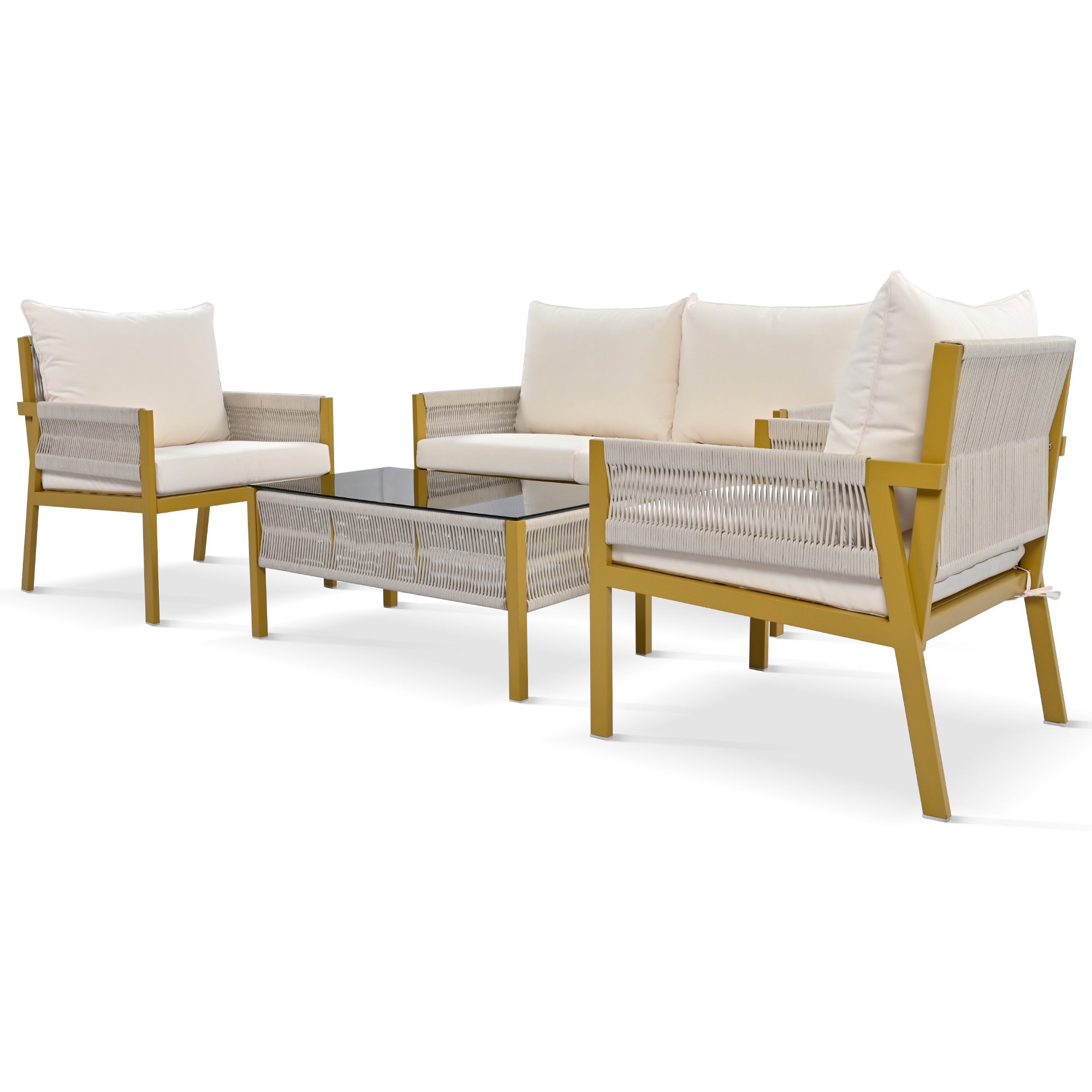 K&K 4-Piece Rope Patio Furniture Set, Outdoor Furniture with Tempered Glass Table, Patio Conversation Set Deep Seating with Thick Cushion for Backyard Porch Balcony (Beige&Mustard Yellow)