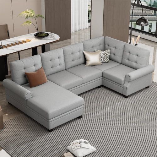 120" Modern U-Shaped Corner Sectional Sofa Upholstered Linen Fabric Sofa Couch for Living Room, Bedroom