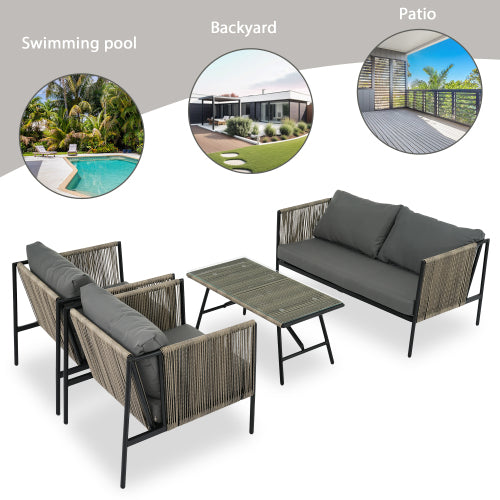 GO 4-Piece Rope Sofa Set with Thick Cushions and Toughened Glass Table, All-Weather Patio Furniture Set For 4 Person With Loveseat,