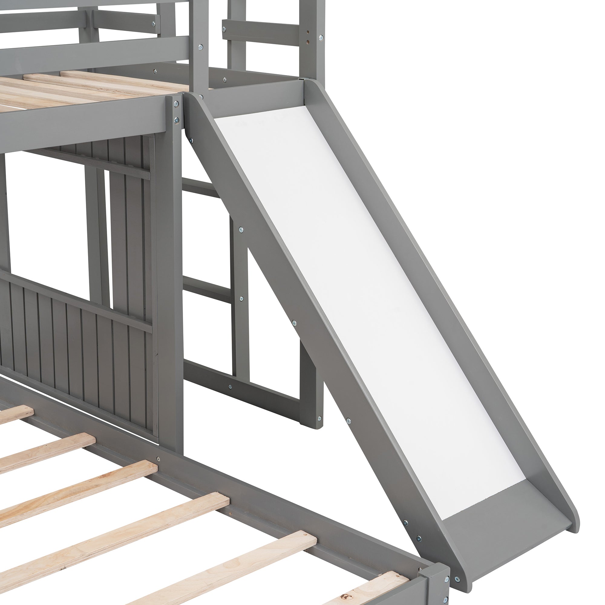 Wooden Twin Over Full Bunk Bed, Loft Bed with Playhouse, Farmhouse, Ladder, Slide and Guardrails, Gray(OLD SKU :LT000028AAN)