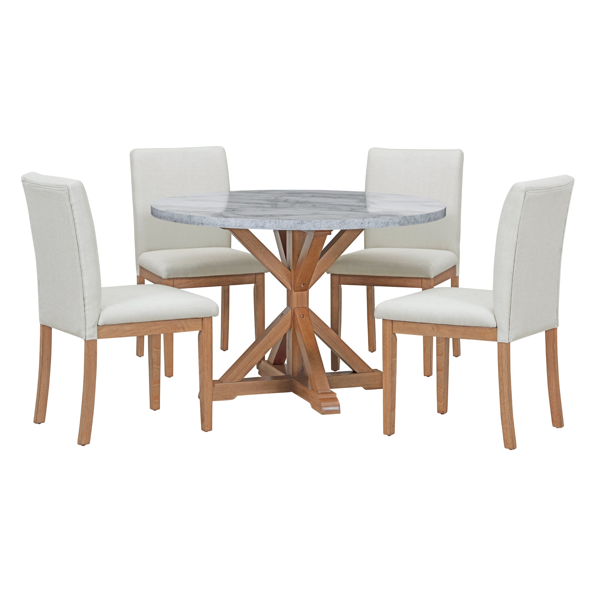 TREXM 5-Piece Farmhouse Style Dining Table Set, Marble Sticker and Cross Bracket Pedestal Dining Table, and 4 Upholstered Chairs (White+Walnut)