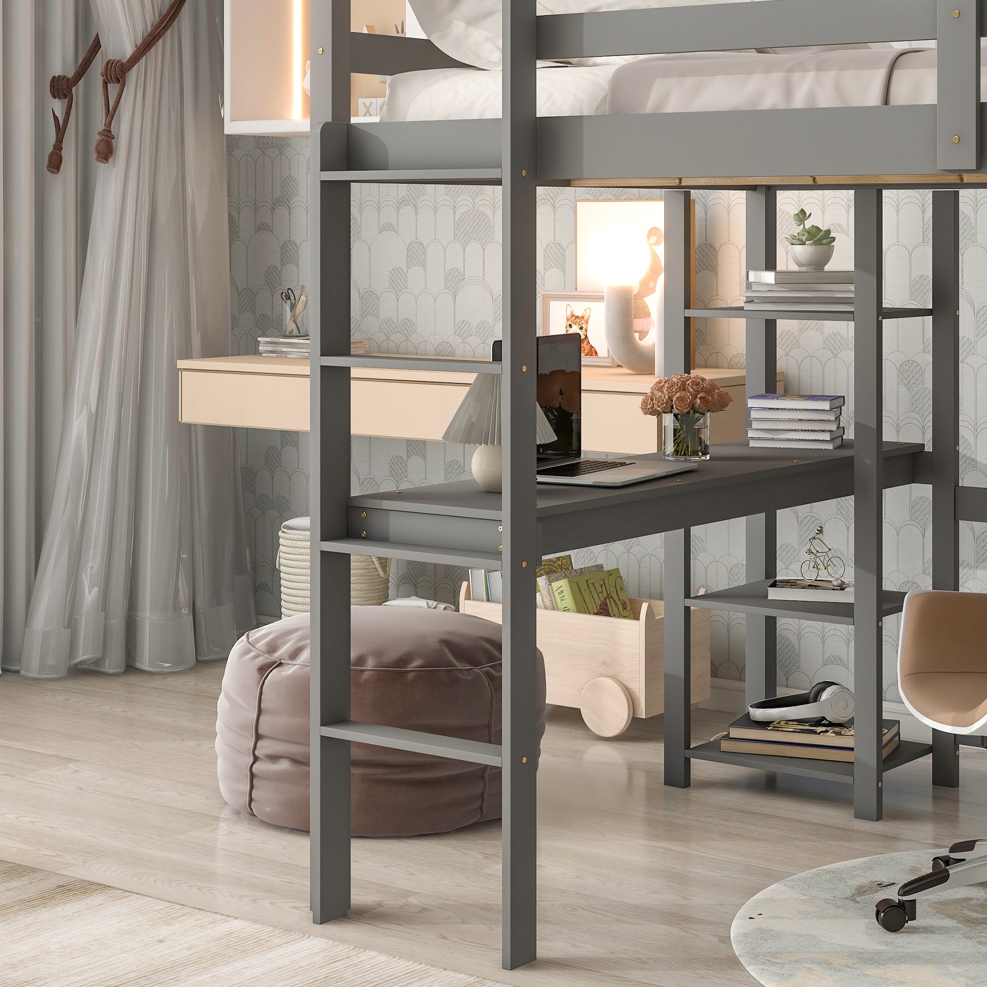 Full Loft Bed with Desk and Shelves,Grey