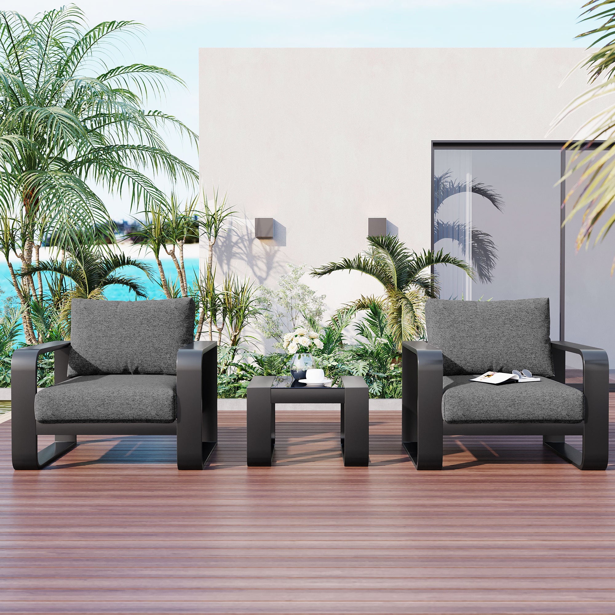 GO 3-pieces Aluminum Frame Patio Furniture With 6.7" Thick Cushion And Coffee Table, All Weather Use Olefin fabric Outdoor Chair, Gray And Black