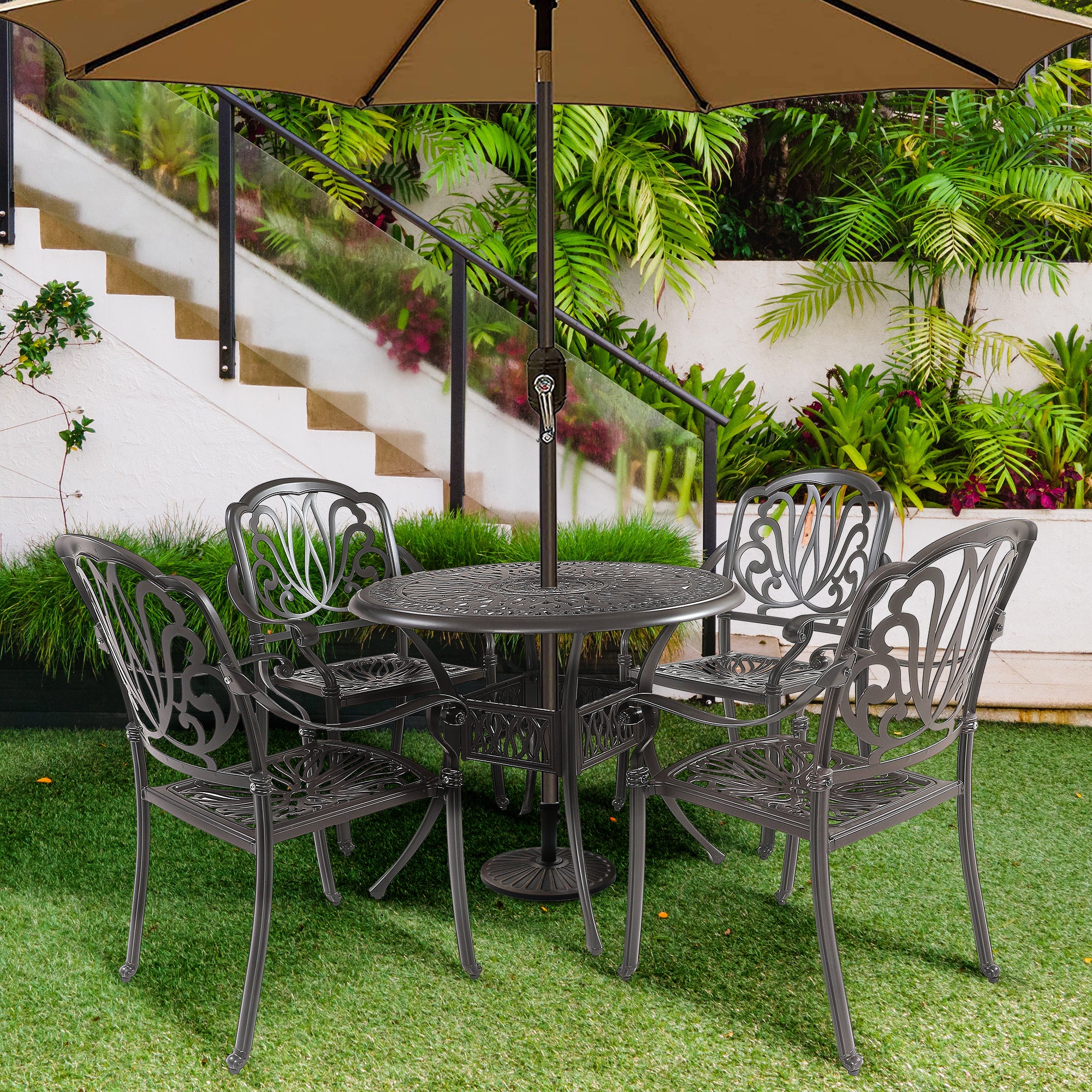 5PCS Outdoor Furniture Dining Table Set All-Weather Cast Aluminum Patio Furniture Includes 1 Round Table and 4 Chairs with Umbrella Hole for Patio Garden Deck, Lattice Weave Design,BLACK COLOR