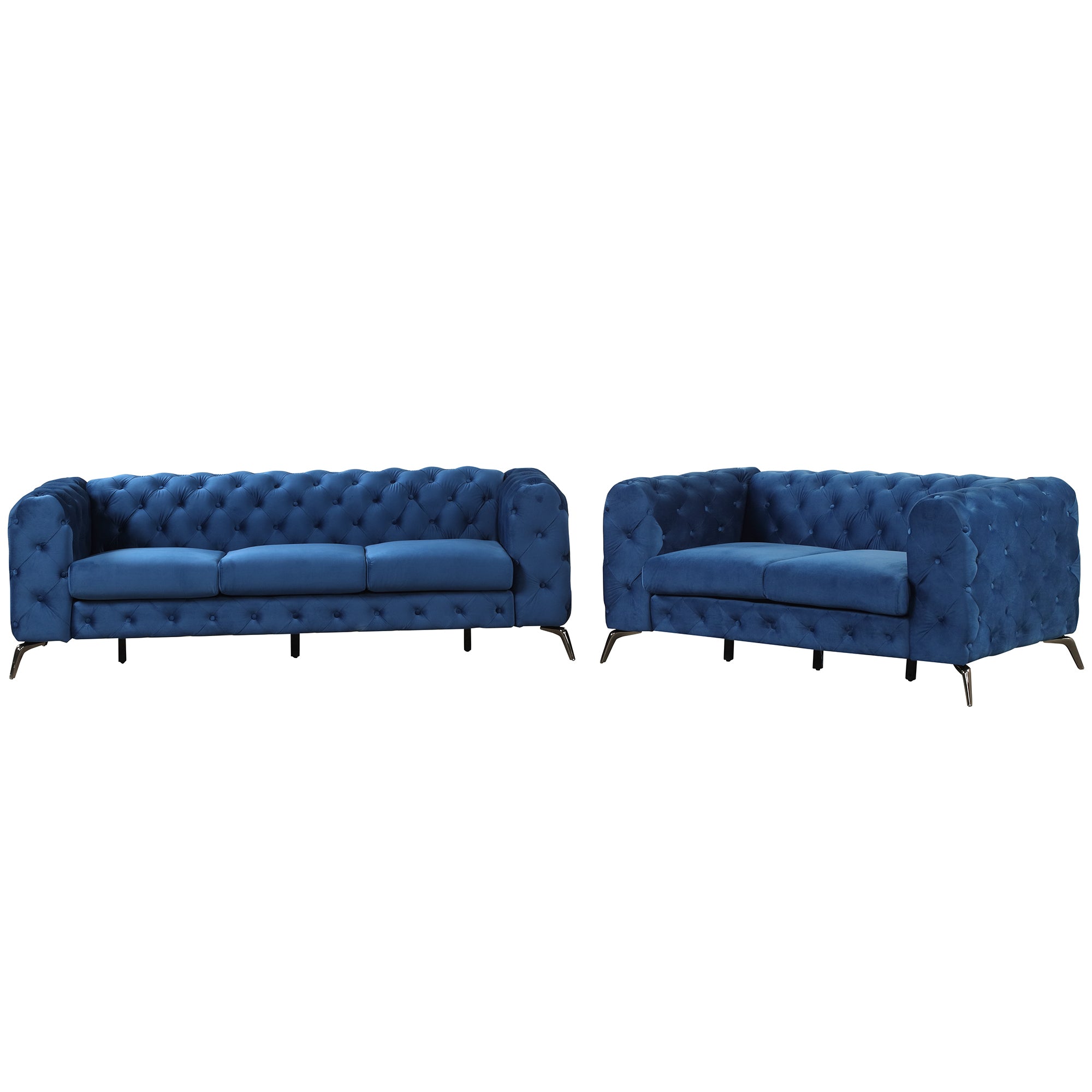 Modern 3-Piece Sofa Sets with Sturdy Metal Legs,Velvet Upholstered Couches Sets Including Three Seat Sofa, Loveseat and Single Chair for Living Room Furniture Set,Blue