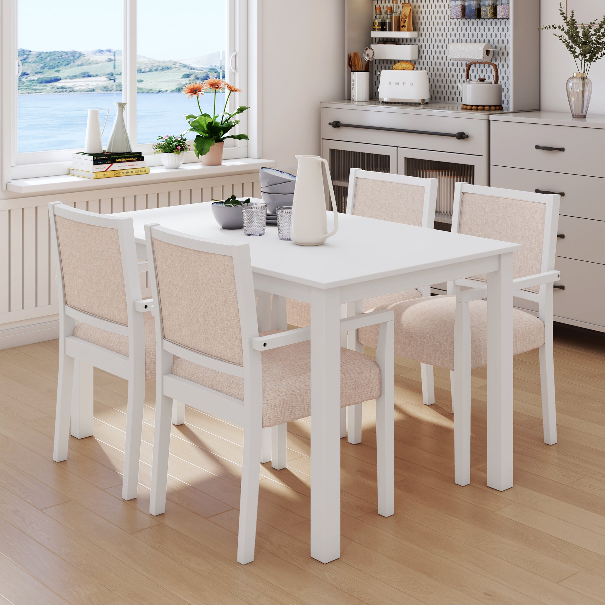 TOPMAX Wood 5-Piece Dining Table Set with 4 Arm Upholstered Dining Chairs,Beige