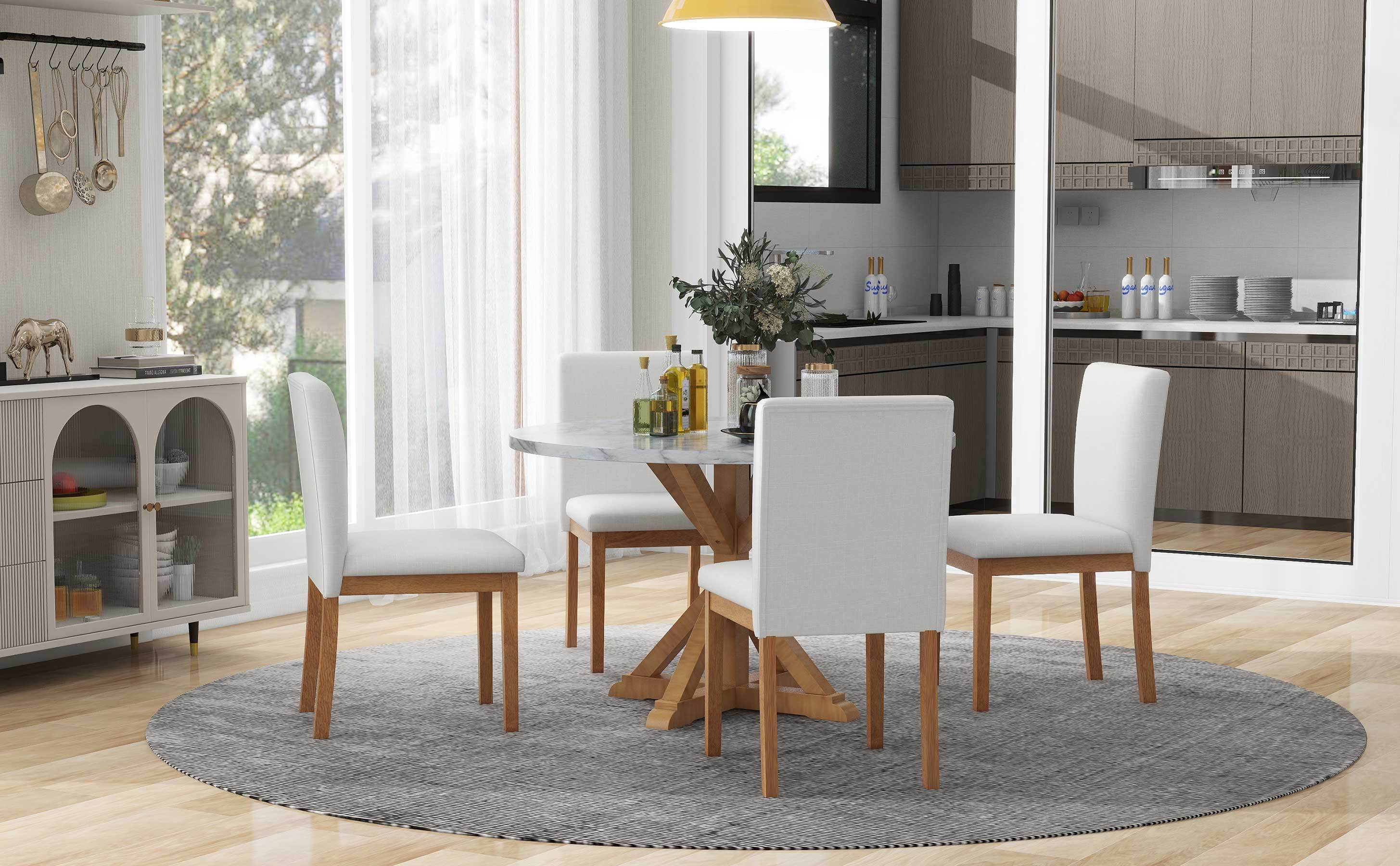 TREXM 5-Piece Farmhouse Style Dining Table Set, Marble Sticker and Cross Bracket Pedestal Dining Table, and 4 Upholstered Chairs (White+Walnut)