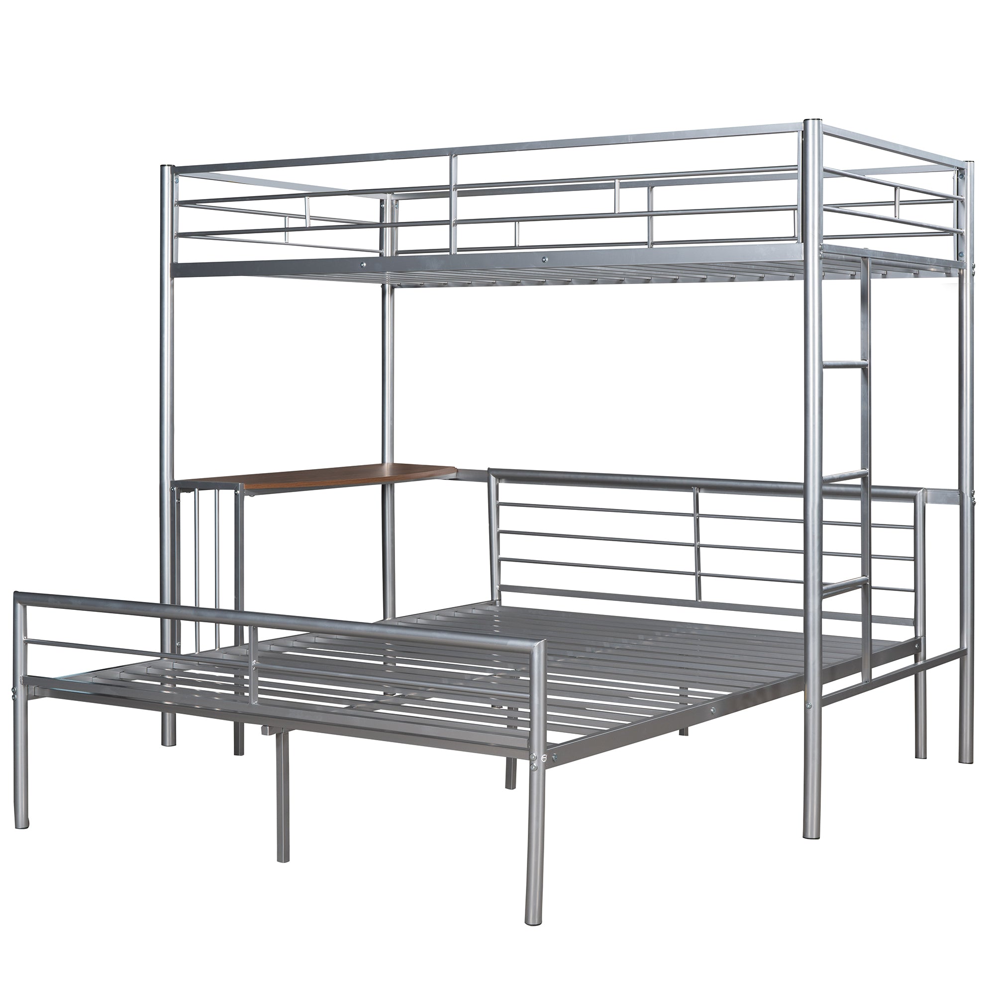 Twin Over Full Metal Bunk Bed with Desk, Ladder and Quality Slats for Bedroom, Metallic Silver（OLD SKU :LP000092AAN）