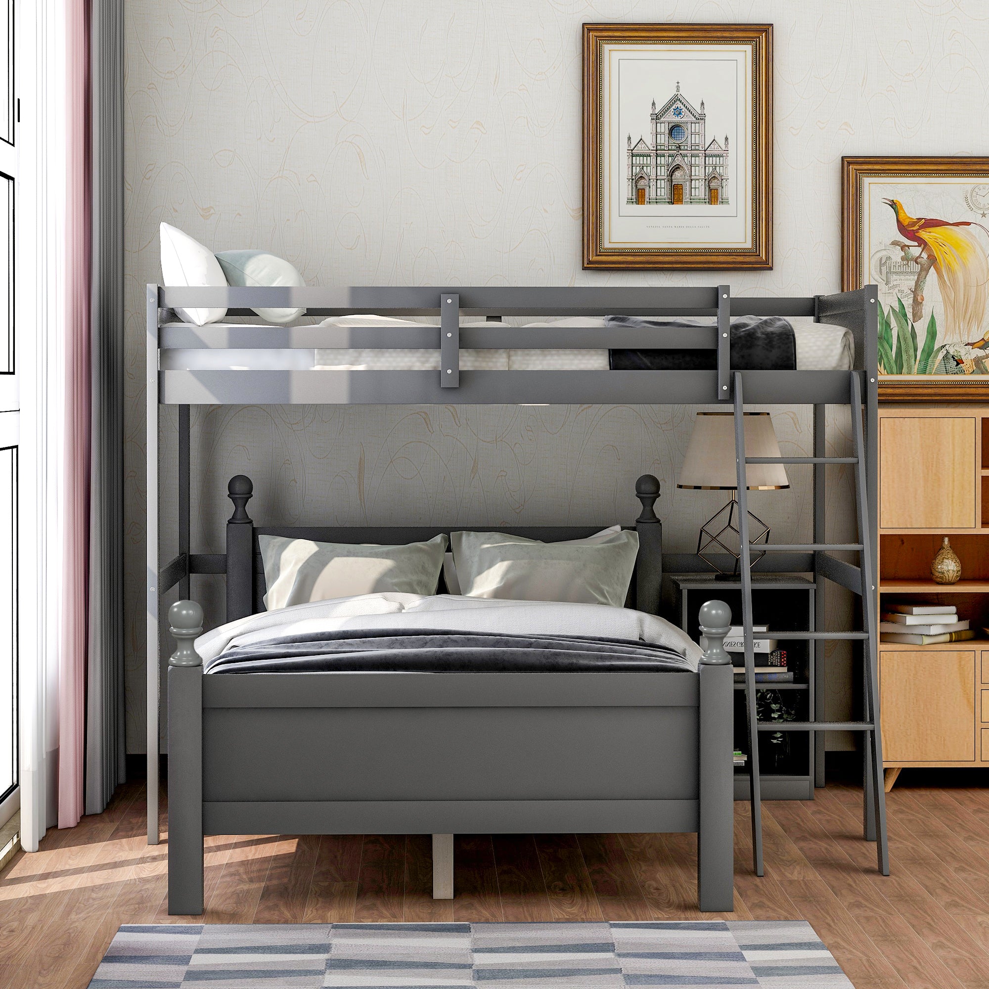 Twin over Full Loft Bed with Cabinet, Gray