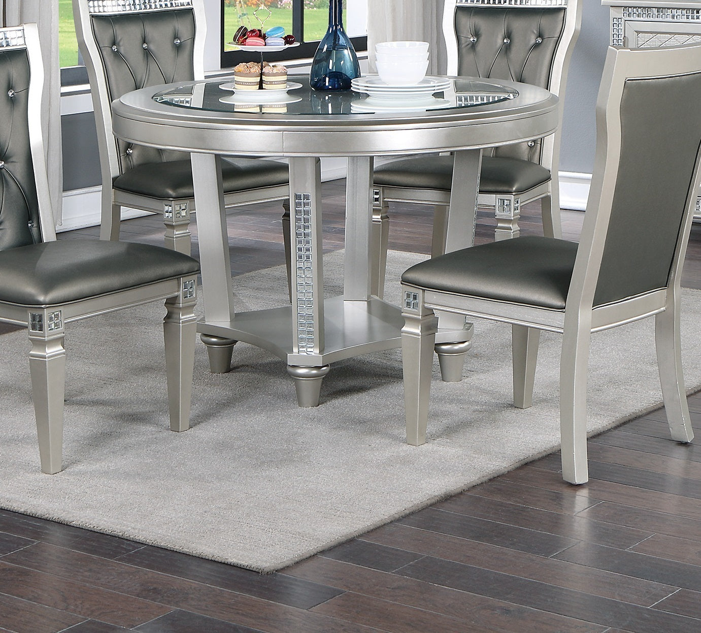 Formal Traditional Dining Table Round Table Silver Hue Glass Top 1pc Dining Table Dining Room Furniture