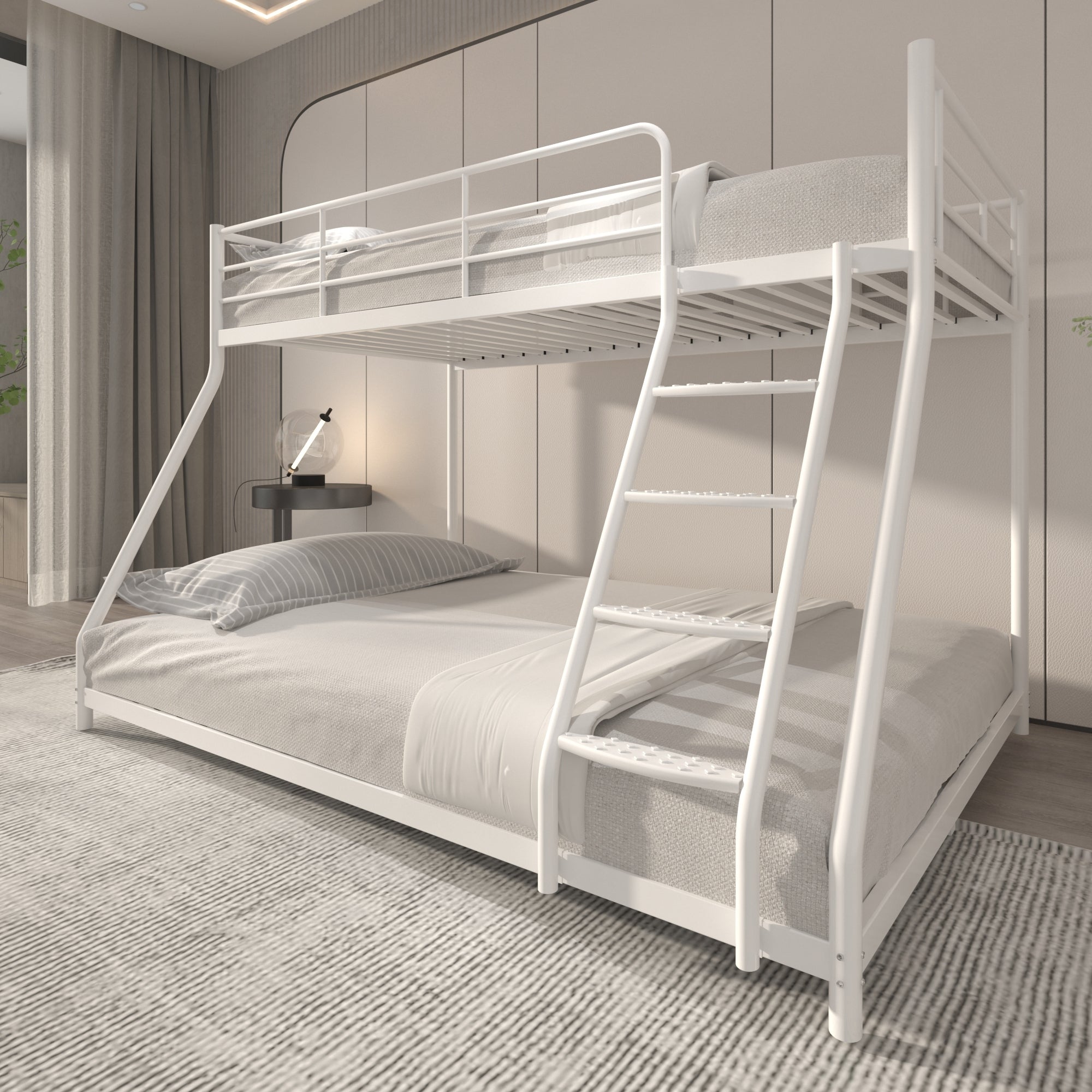 White Twin over Full Metal Bunk Bed with Comfortable Rungs, Easy to assemble