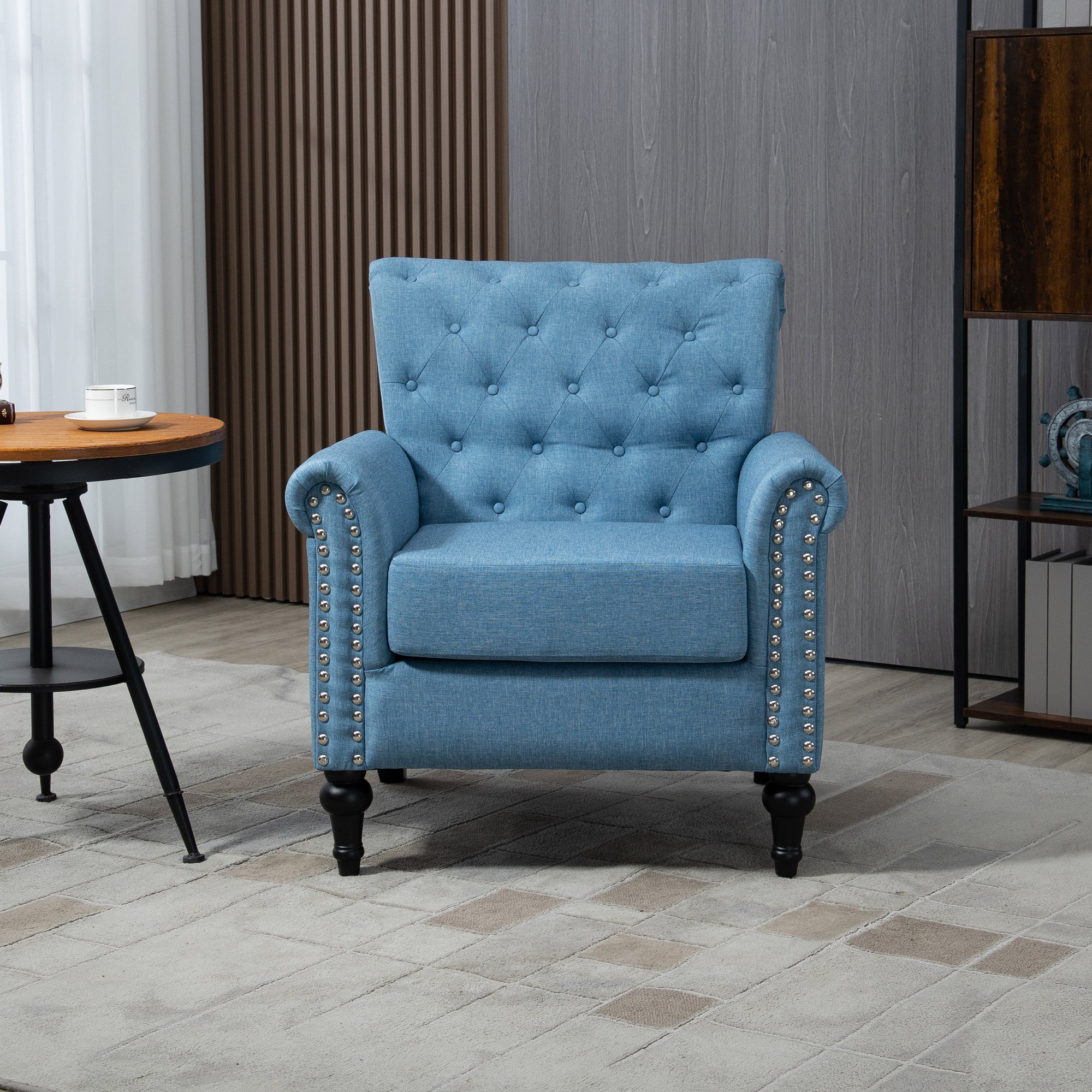 Mid-Century Modern Accent Chair, Linen Armchair w/Tufted Back/Wood Legs, Upholstered Lounge Arm Chair Single Sofa for Living Room Bedroom,Light Blue