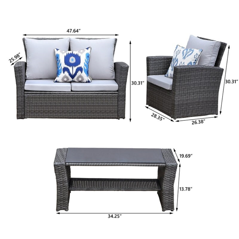 Patio Light Grey Sofa 4 Seat Couch Coffee Table Sofa Furniture Set With Rattan Wicker Outdoor