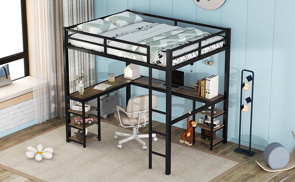 Full Metal Loft Bed with Desk and Shelves, Loft Bed with Ladder and Guardrails, Loft Bed Frame for Bedroom (Black) (Old SKU: W1307S00009)
