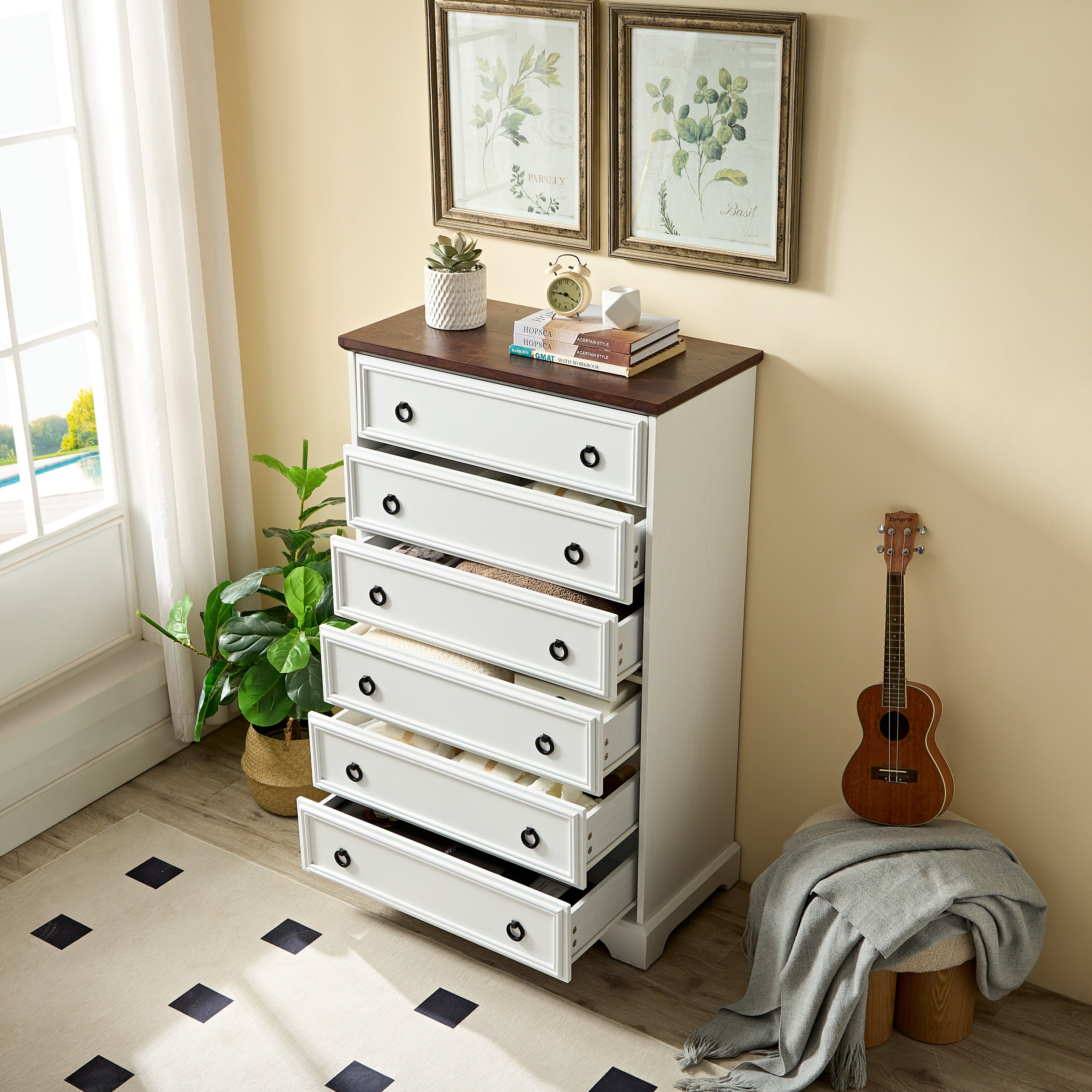 Modern 6 Drawer Dresser, Dressers for Bedroom, Tall Chest of Drawers Closet Organizers & Storage Clothes - Easy Pull Handle, Textured Borders Living Room, Hallway,L 29.53''*W15.75''*H48.03''White