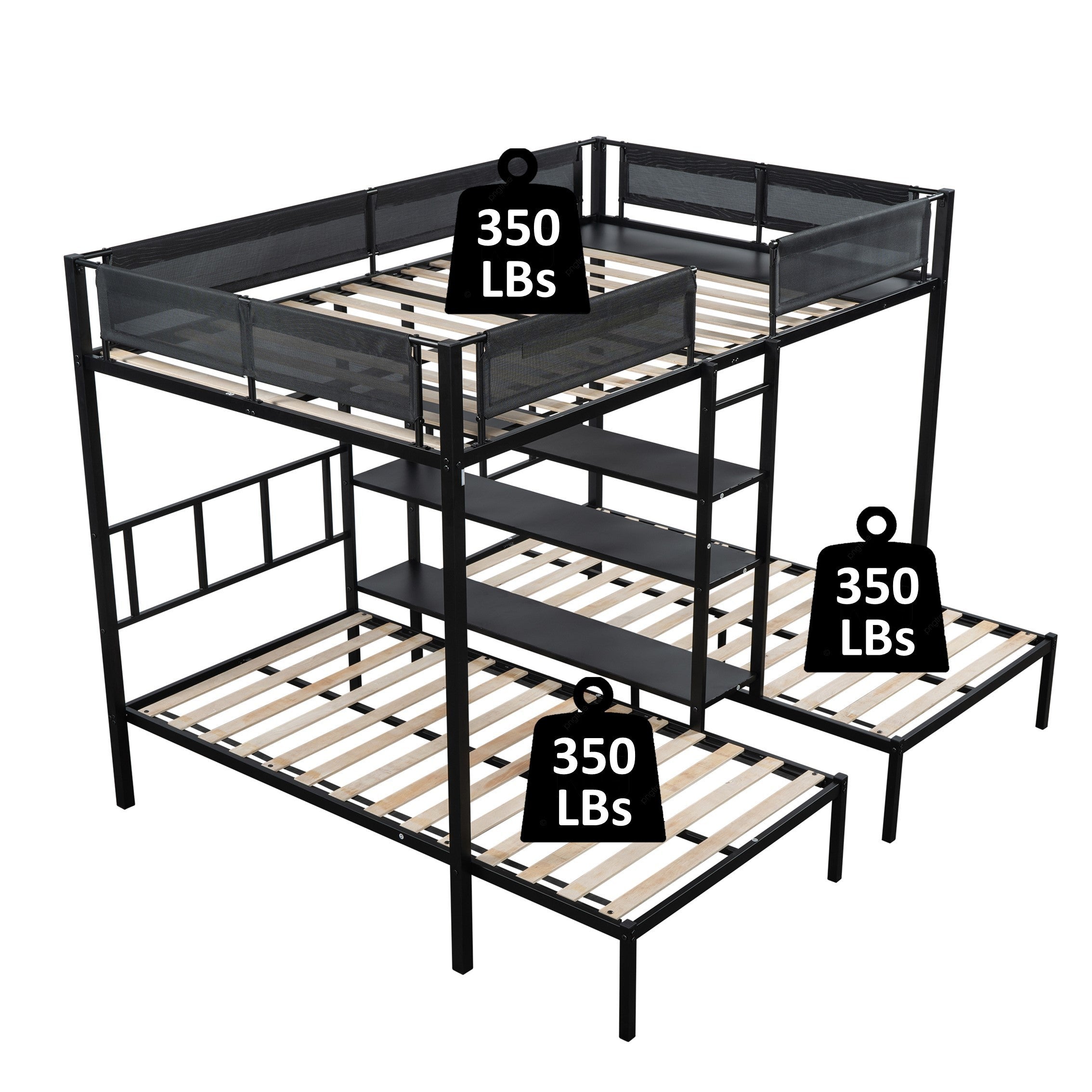 Metal Full over Twin Beds with Shelves/ Sturdy Metal Frame/ Noise-Free Wood Slats/ Comfortable Textilene Guardrail/ Bunk Bed for Three/ Built-in 3-Tier Shelves/ No Box Spring Needed