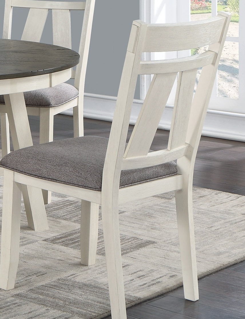 Dining Room Furniture 5pc Dining Set Round Table And 4x Side Chairs Gray Fabric Cushion Seat White Clean Lines Wooden Table Top
