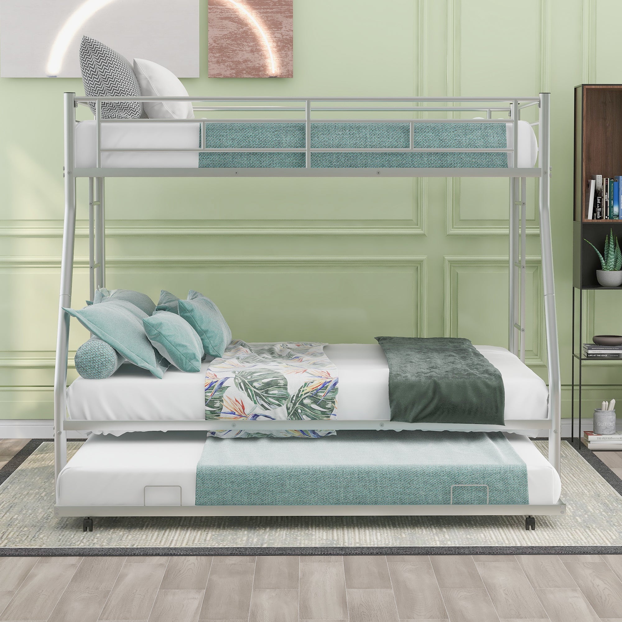 Twin over Full Bed with Sturdy Steel Frame, Bunk Bed with Twin Size Trundle, Two-Side Ladders, Silver(OLD SKU:MF194424AAN)