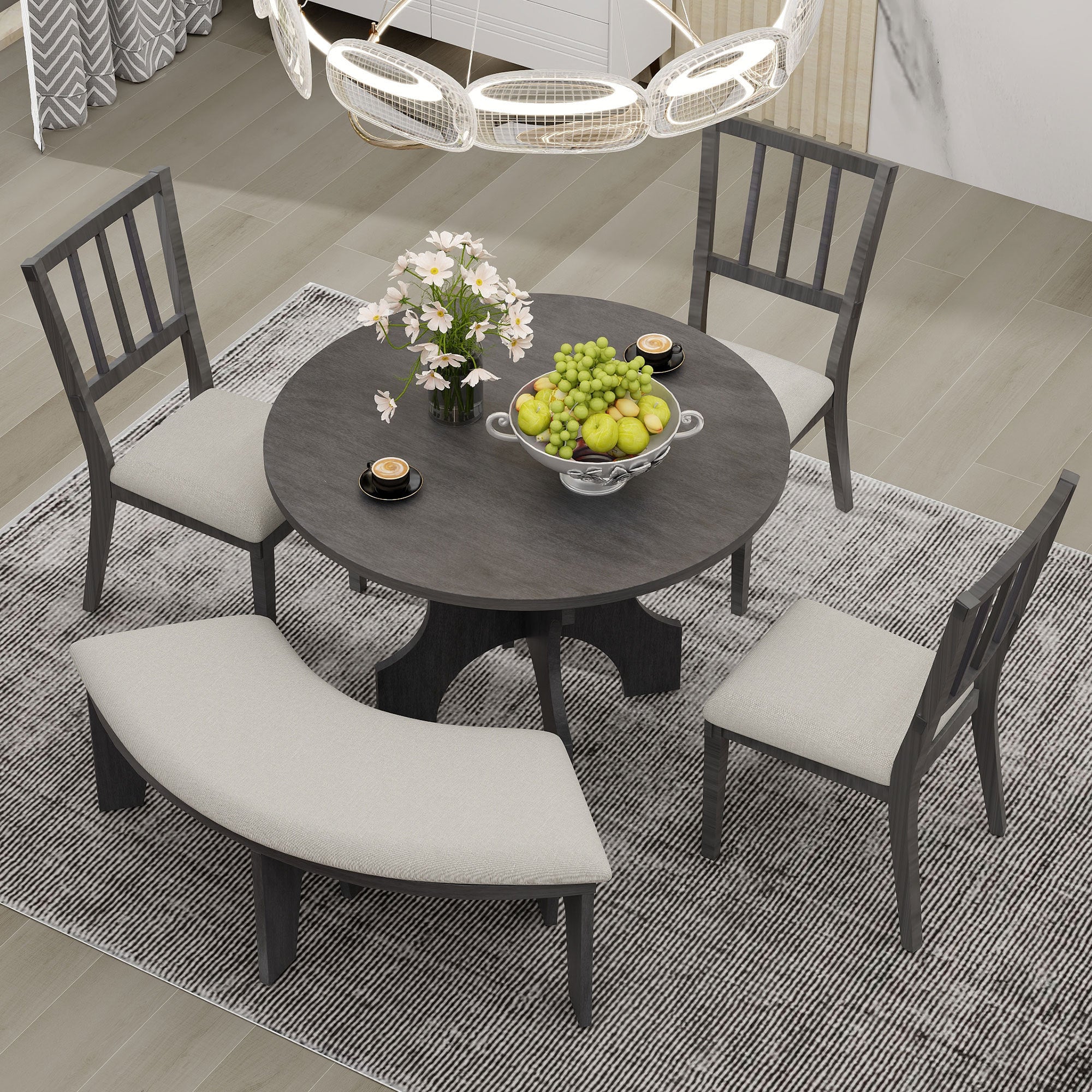 TREXM 5-Piece Dining Table Set, 44" Round Dining Table with Curved Bench & Side Chairs for 4-5 People for Dining Room and Kitchen (Grey)