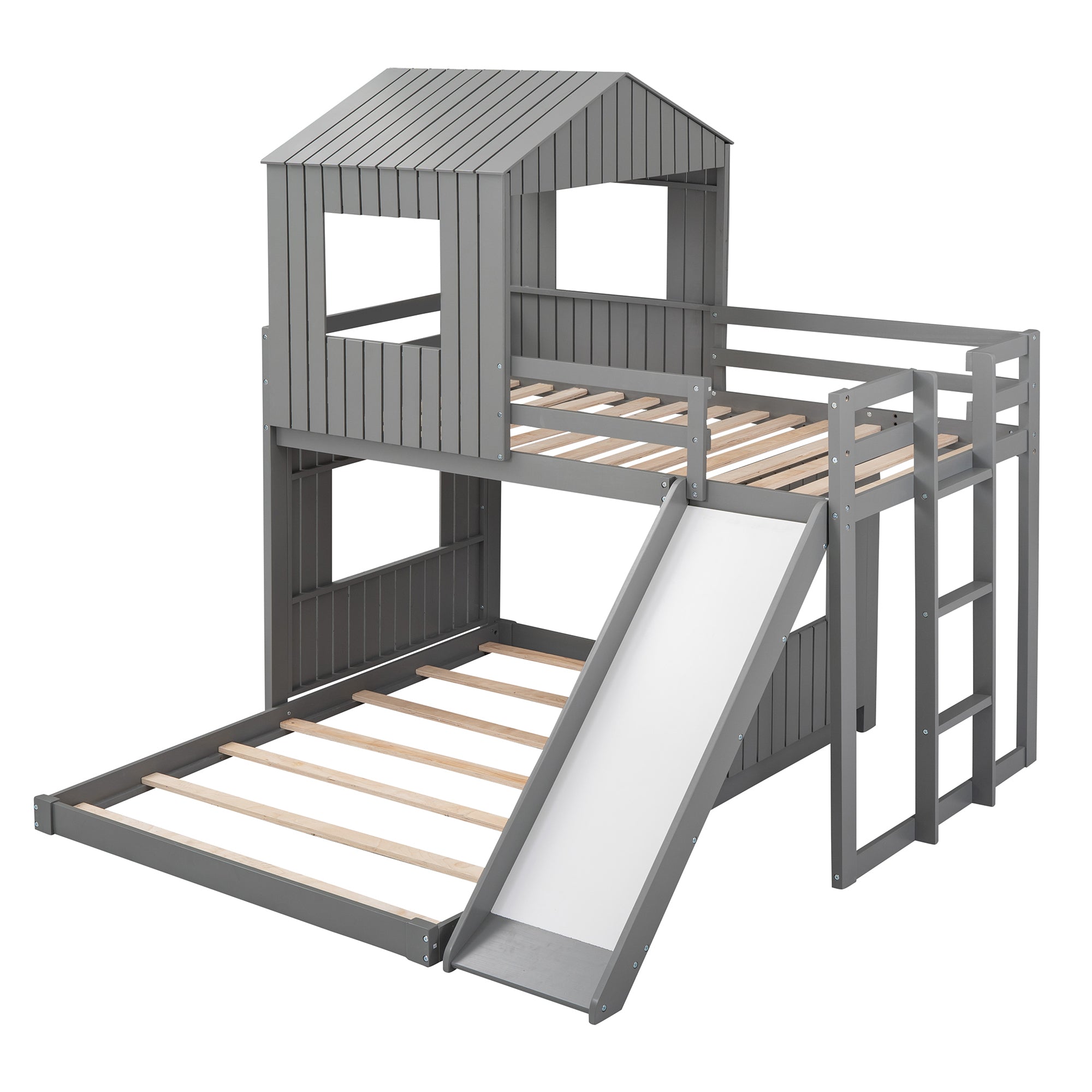 Wooden Twin Over Full Bunk Bed, Loft Bed with Playhouse, Farmhouse, Ladder, Slide and Guardrails, Gray(OLD SKU :LT000028AAN)