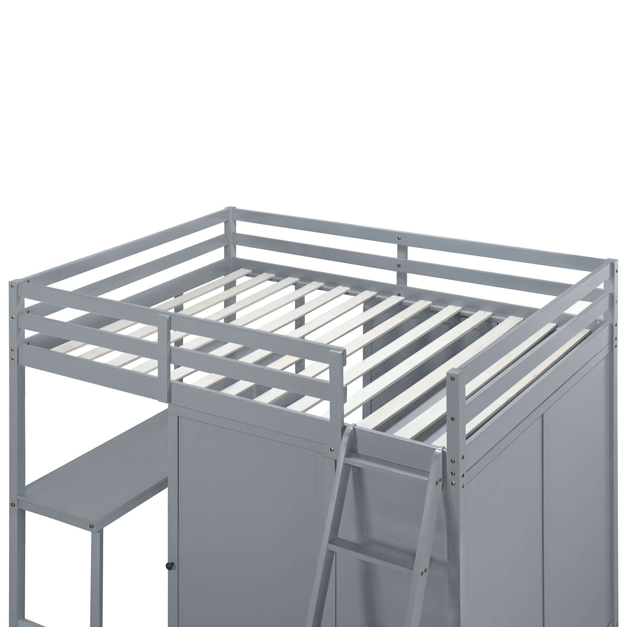 Full Size Loft Bed with Wardrobe and Desk and Shelves, Gray