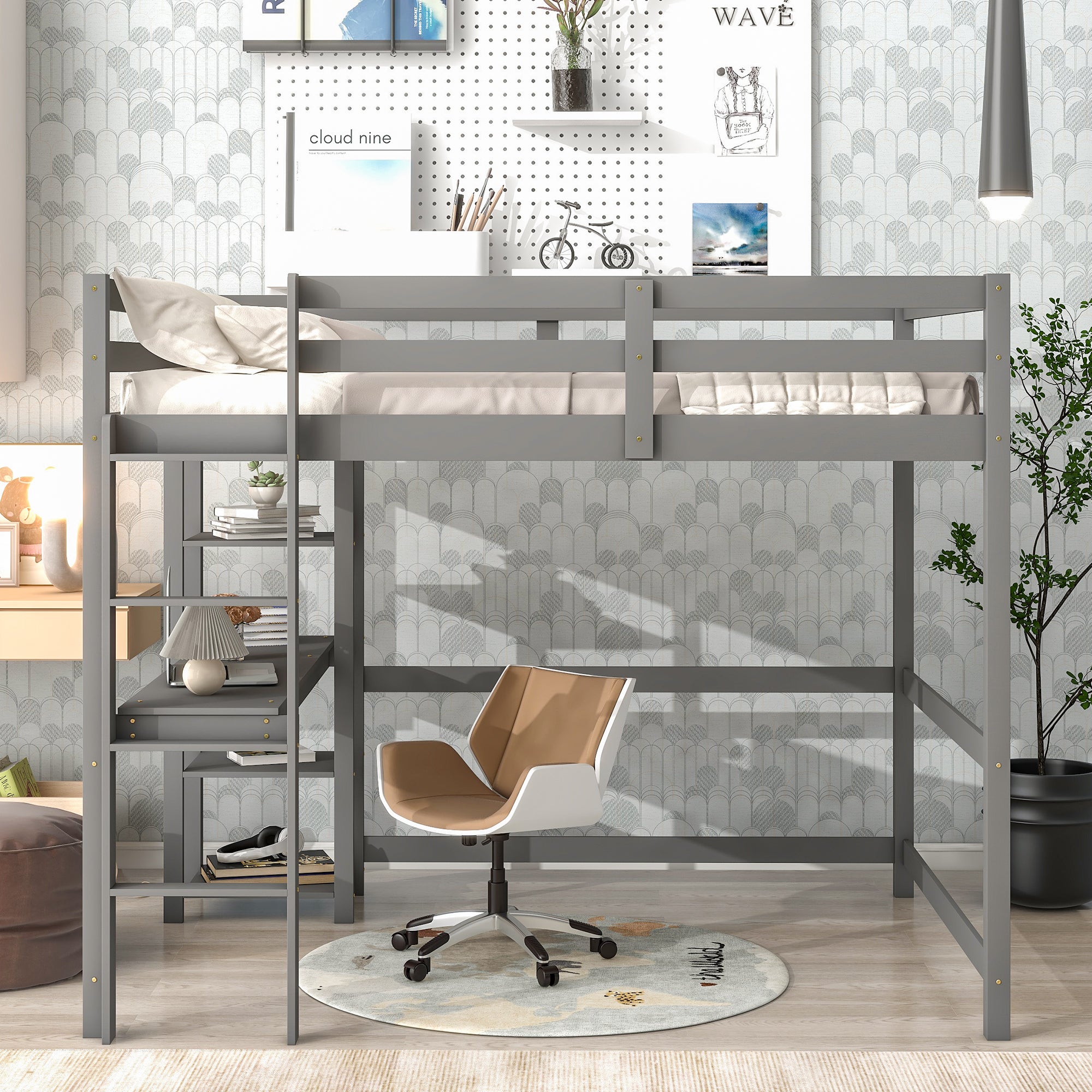 Full Loft Bed with Desk and Shelves,Grey