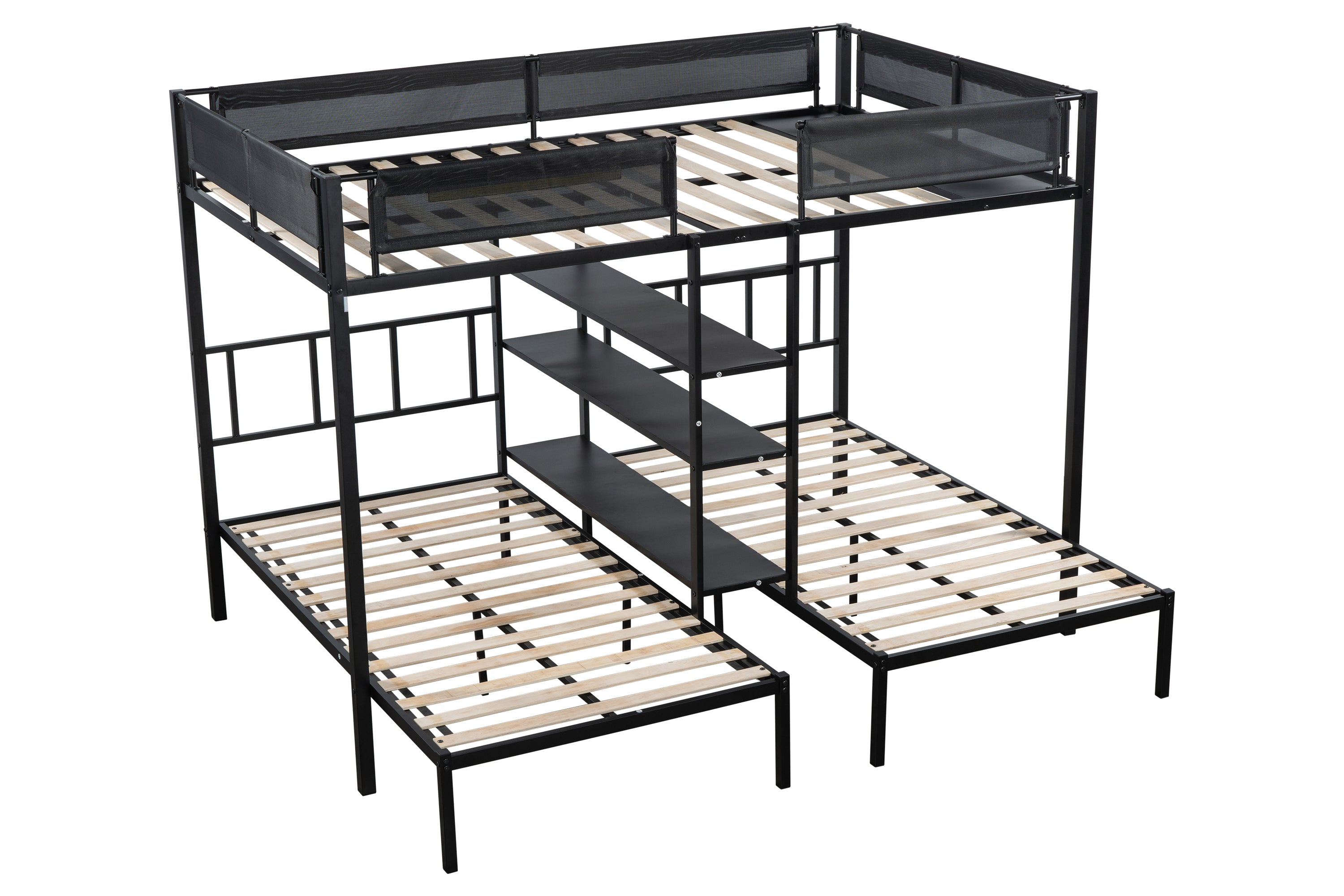 Metal Full over Twin Beds with Shelves/ Sturdy Metal Frame/ Noise-Free Wood Slats/ Comfortable Textilene Guardrail/ Bunk Bed for Three/ Built-in 3-Tier Shelves/ No Box Spring Needed