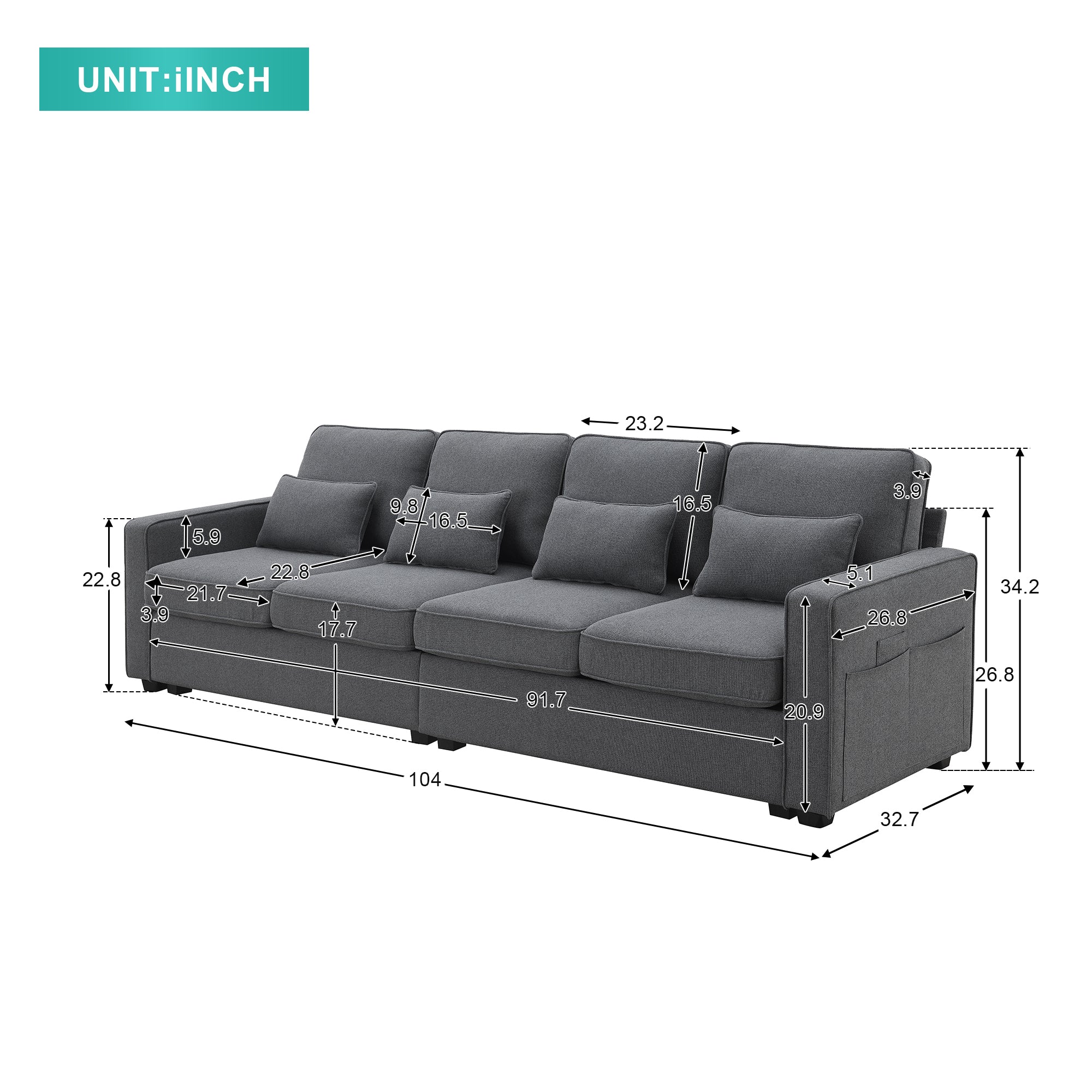 [VIDEO provided] [New] 104" 4-Seater Modern Linen Fabric Sofa with Armrest Pockets and 4 Pillows,Minimalist Style Couch for Living Room, Apartment, Office,3 Colors