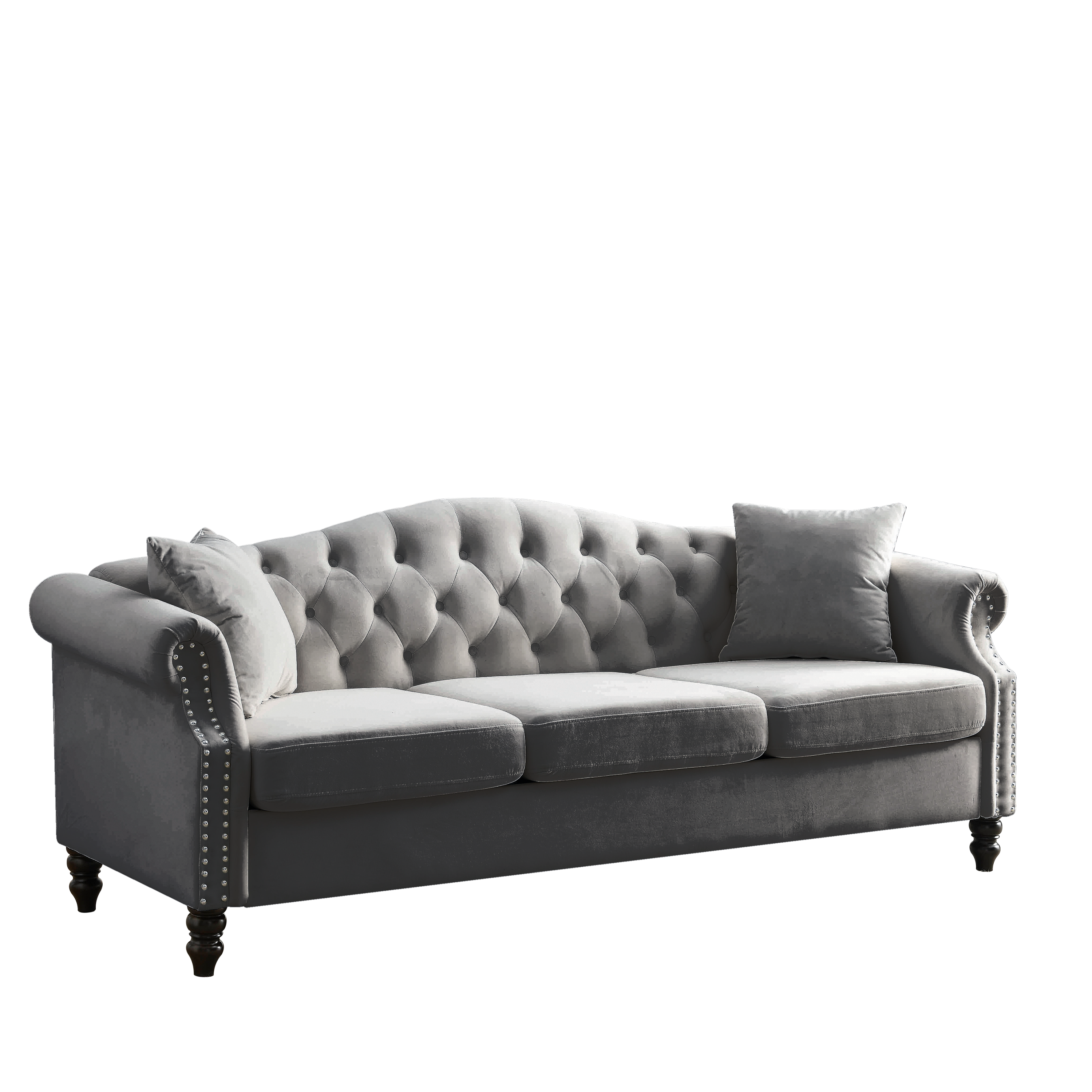 [Video] 79" Chesterfield Sofa Grey Velvet for Living Room, 3 Seater Sofa Tufted Couch with Rolled Arms and Nailhead for Living Room, Bedroom, Office, Apartment, two pillows