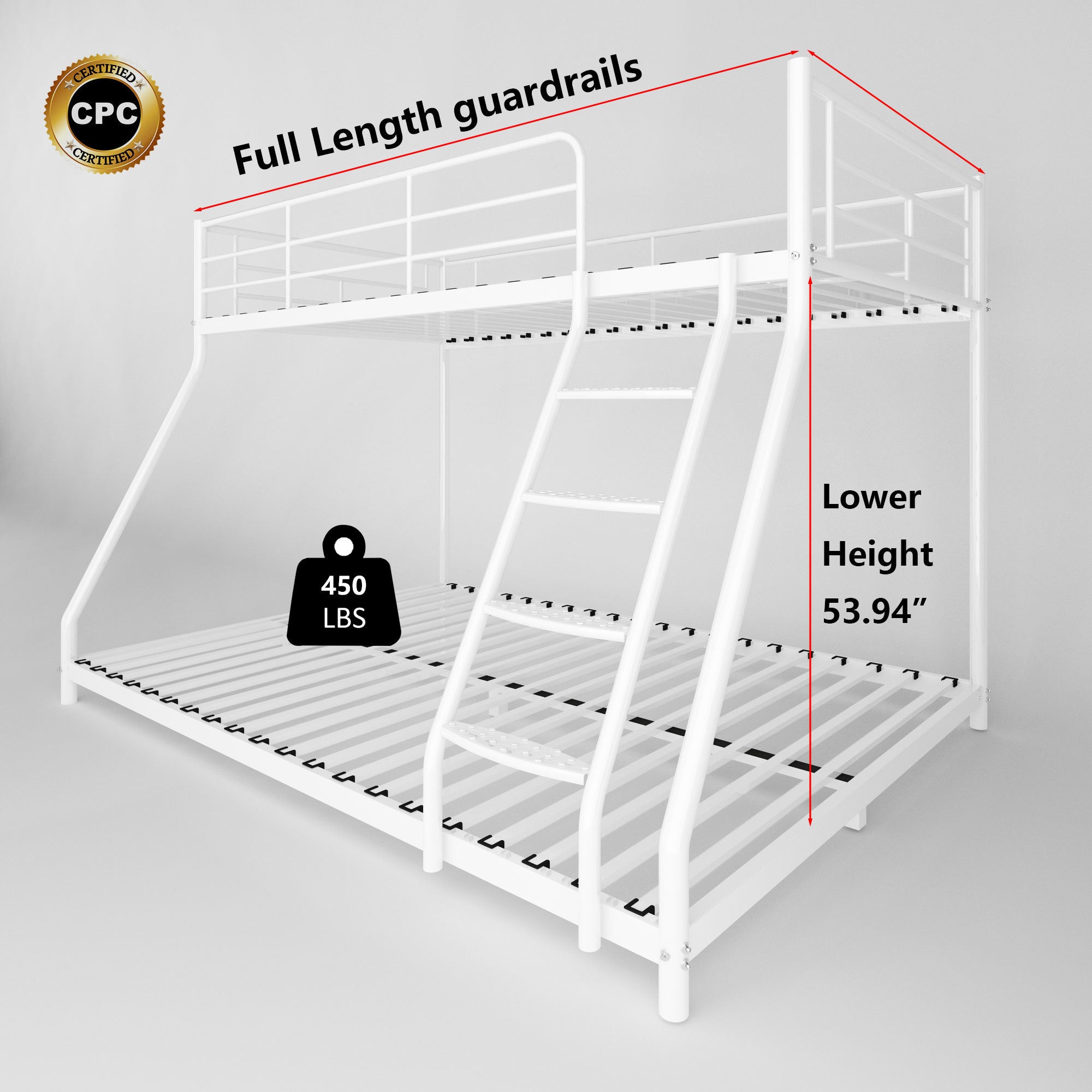 White Twin over Full Metal Bunk Bed with Comfortable Rungs, Easy to assemble