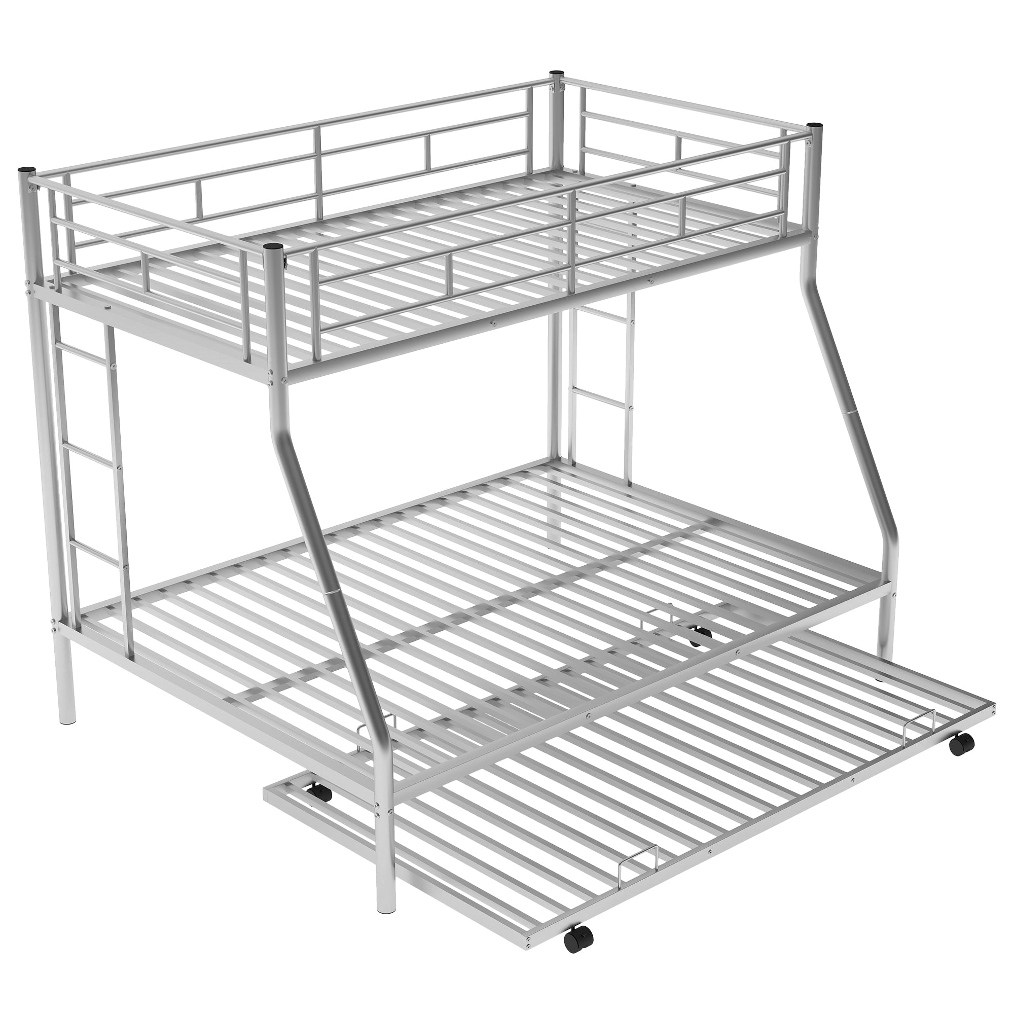Twin over Full Bed with Sturdy Steel Frame, Bunk Bed with Twin Size Trundle, Two-Side Ladders, Silver(OLD SKU:MF194424AAN)