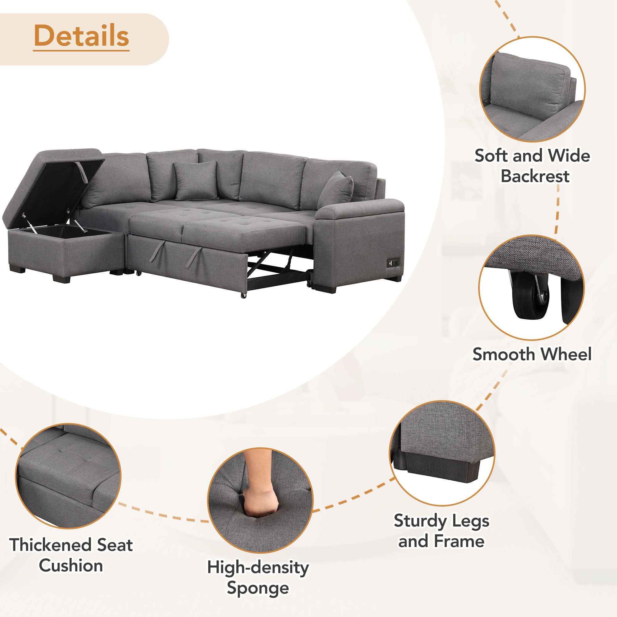 Sleeper Sectional Sofa, L-Shape Corner Couch Sofa-Bed with Storage Ottoman & Hidden Arm Storage & USB Charge  for Living Room Apartment, Dark Gray