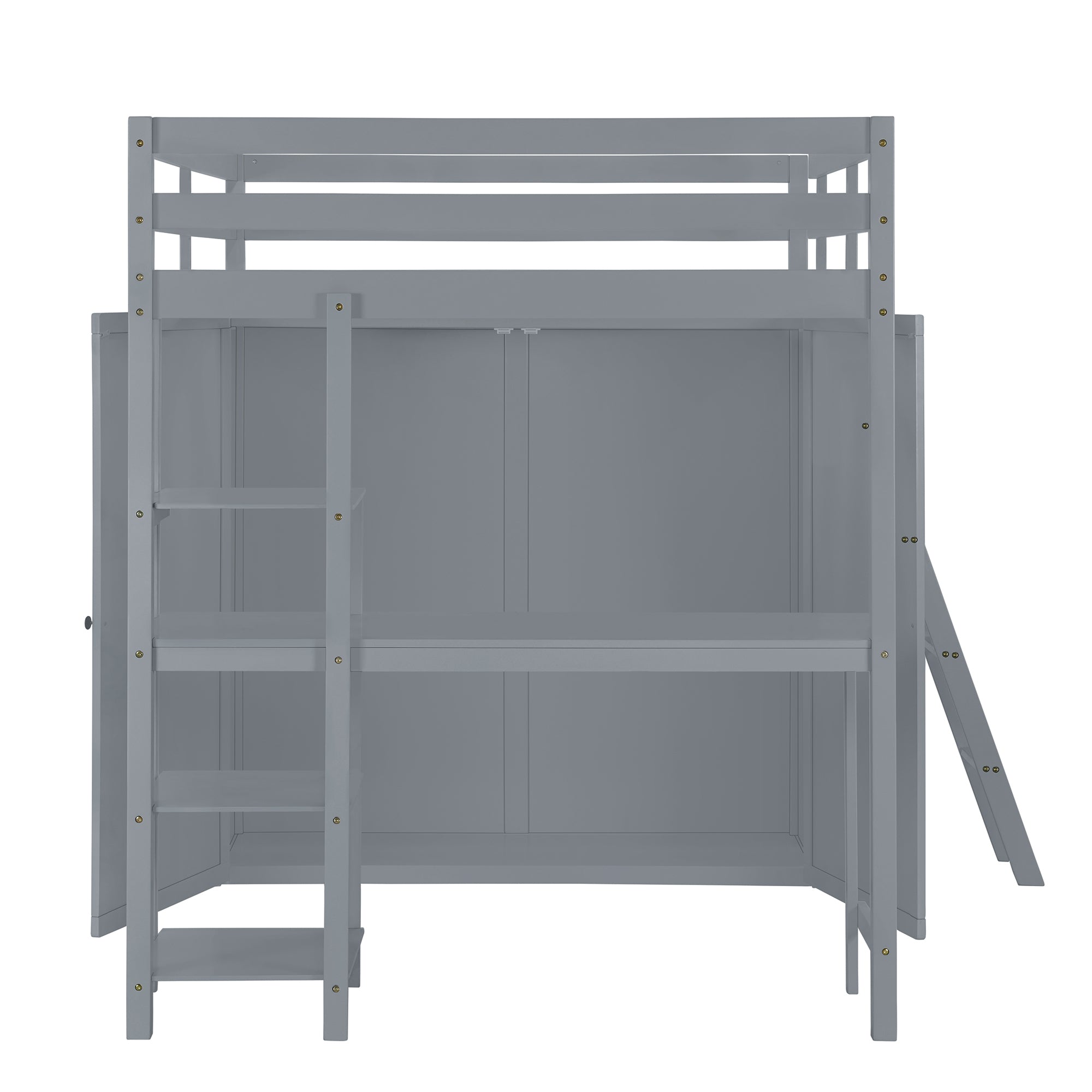 Full Size Loft Bed with Wardrobe and Desk and Shelves, Gray