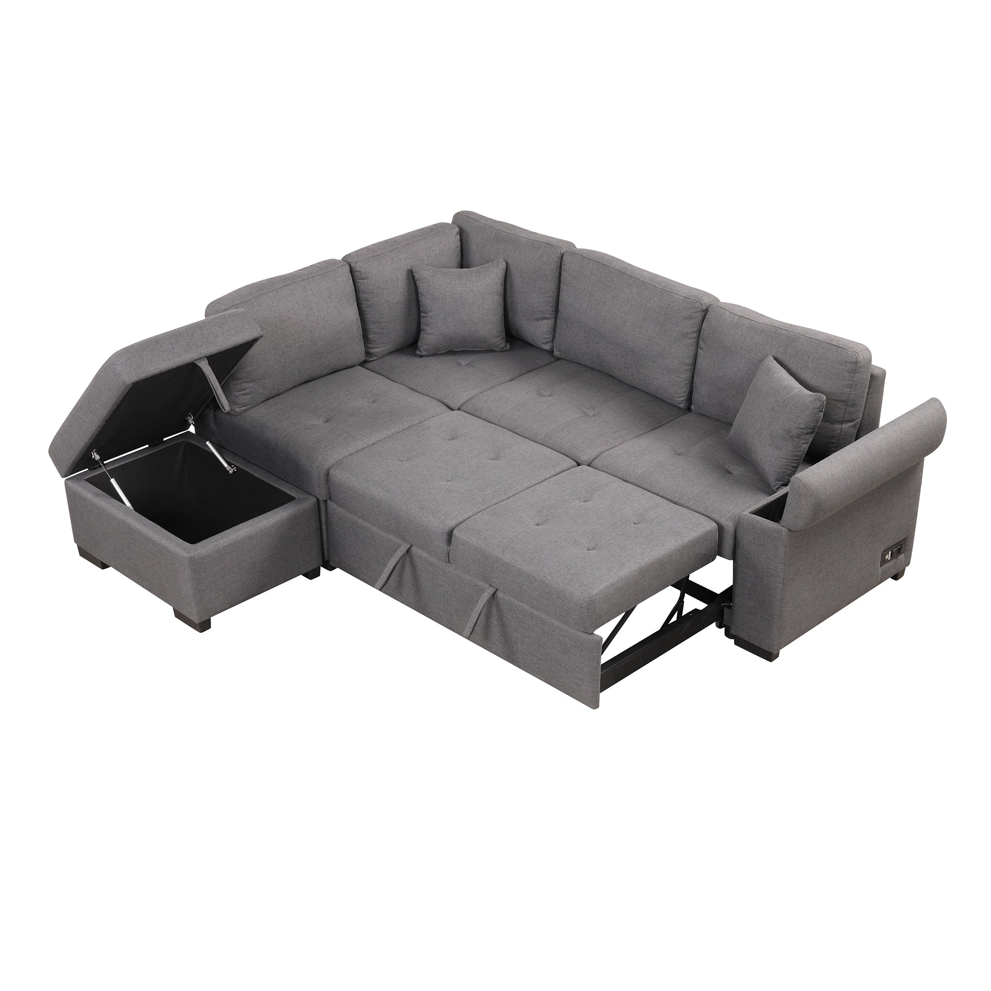 Sleeper Sectional Sofa, L-Shape Corner Couch Sofa-Bed with Storage Ottoman & Hidden Arm Storage & USB Charge  for Living Room Apartment, Dark Gray