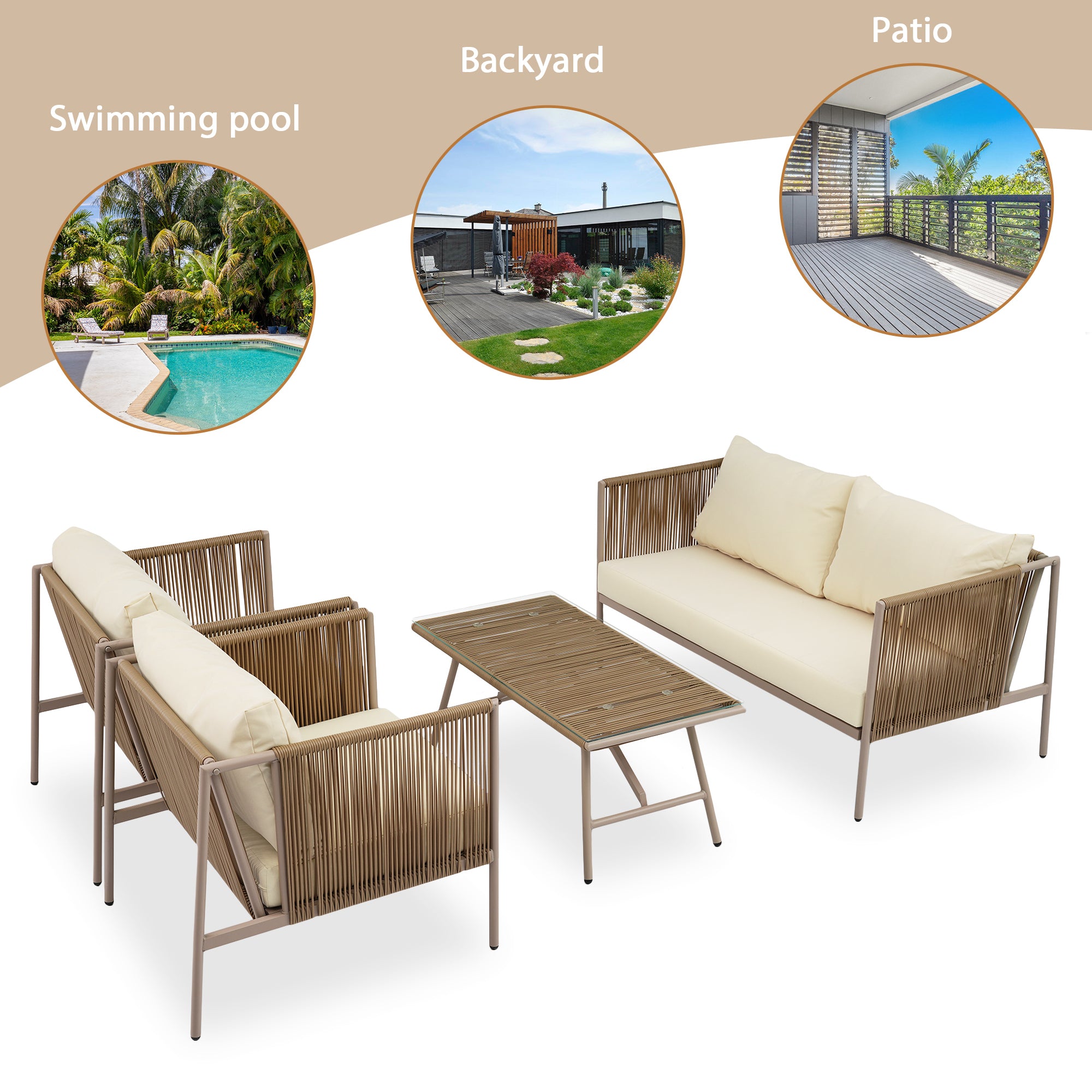 GO 4-Piece Rope Sofa Set with Thick Cushions and Toughened Glass Table, All-Weather Patio Furniture Set For 4 Person With Loveseat,