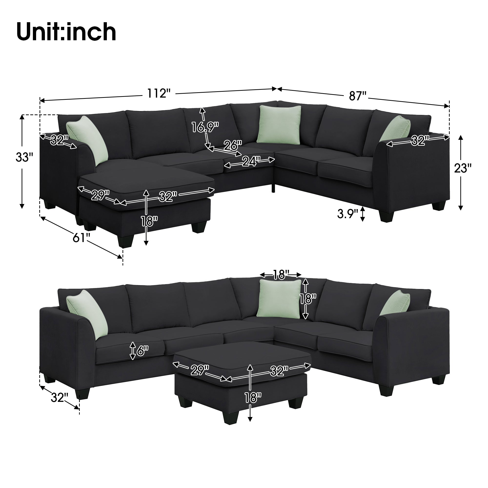 [VIDEO provided] 112*87" Sectional Sofa Couches Living Room Sets 7 Seats Modular Sectional Sofa with Ottoman L Shape Fabric Sofa Corner Couch Set with 3 Pillows, Black