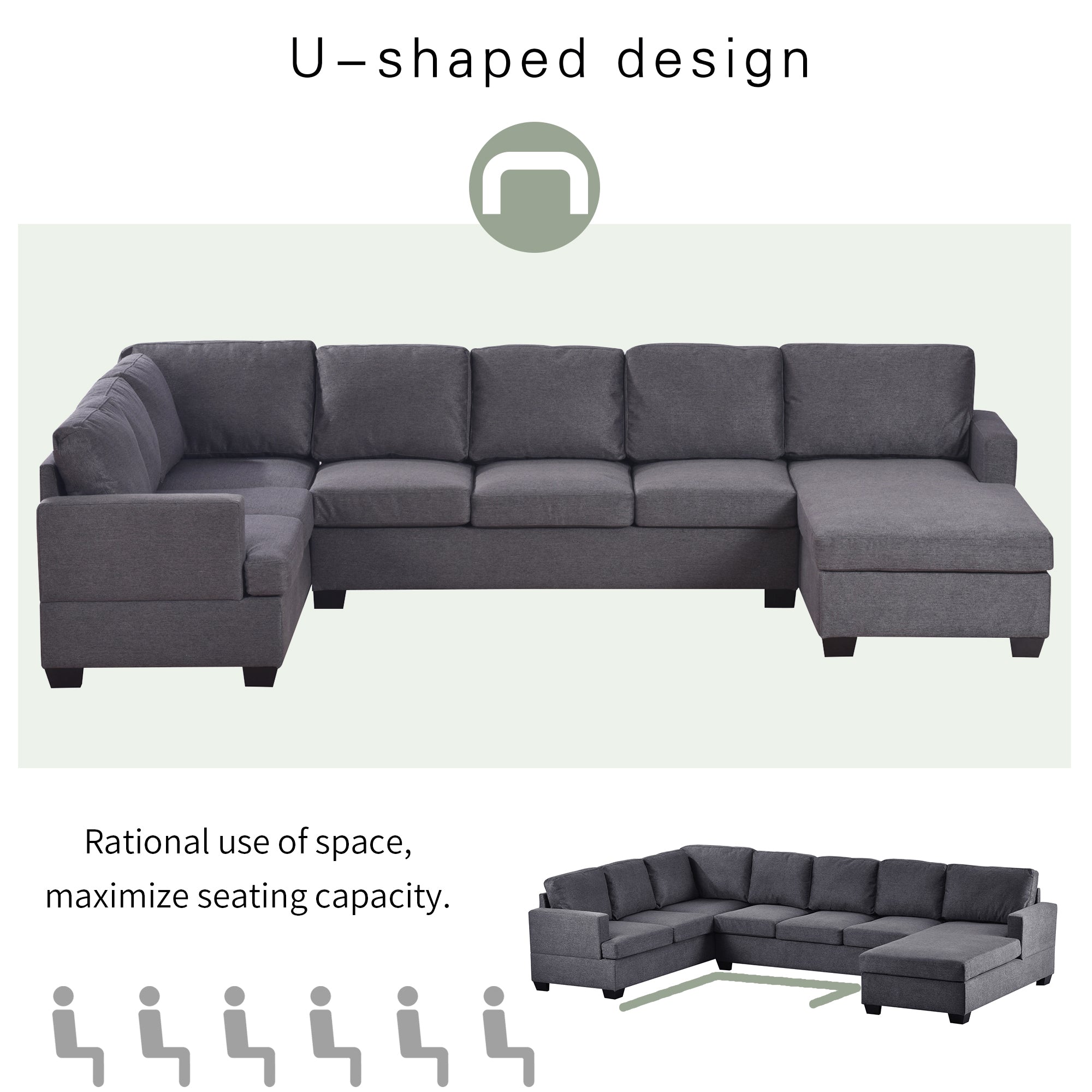 Ustyle Modern Large Upholstered  U-Shape Sectional Sofa, Extra Wide Chaise Lounge Couch,  Grey