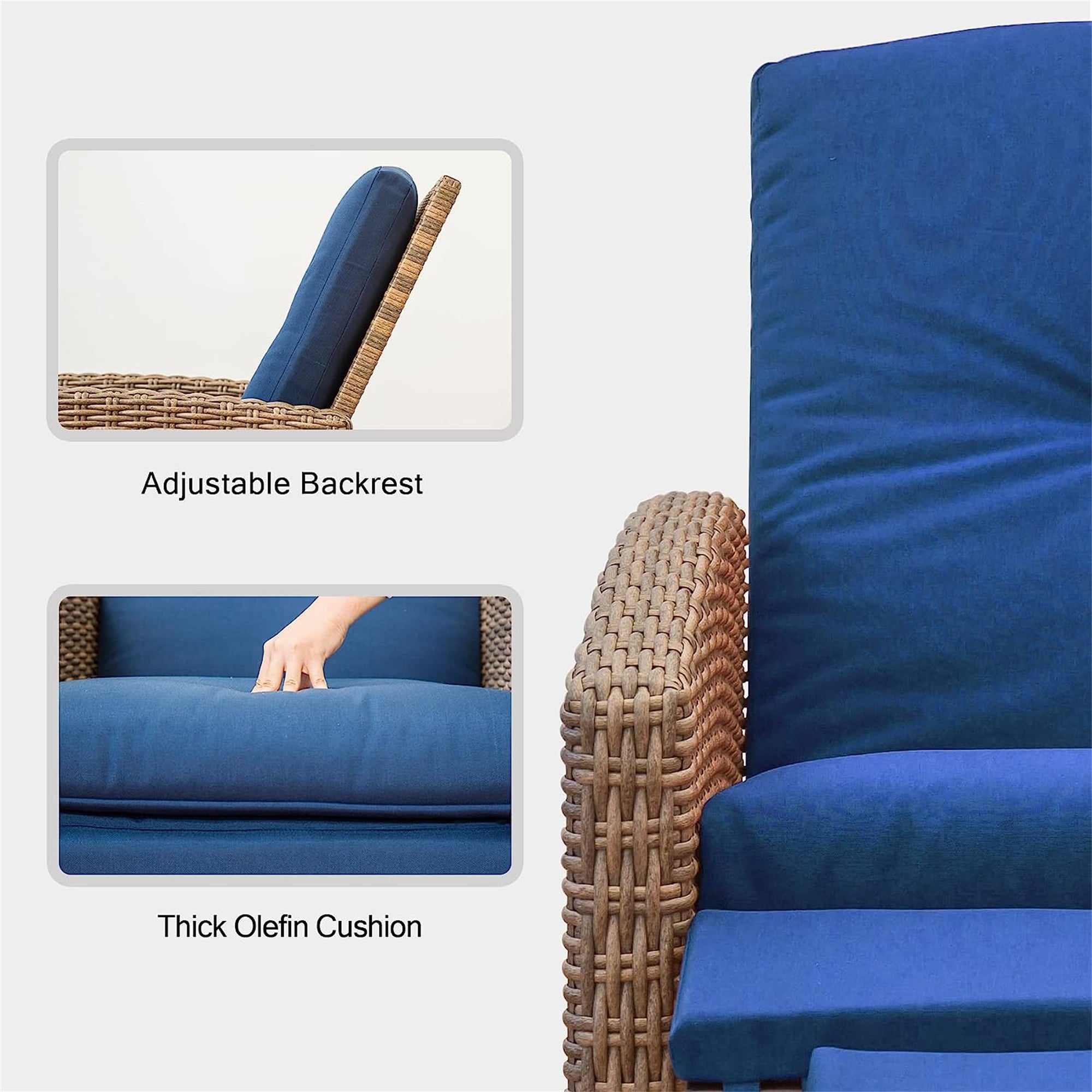 Indoor & Outdoor Recliner, All-Weather Wicker Reclining Patio Chair, Blue Cushion (Blue,1 Chair)