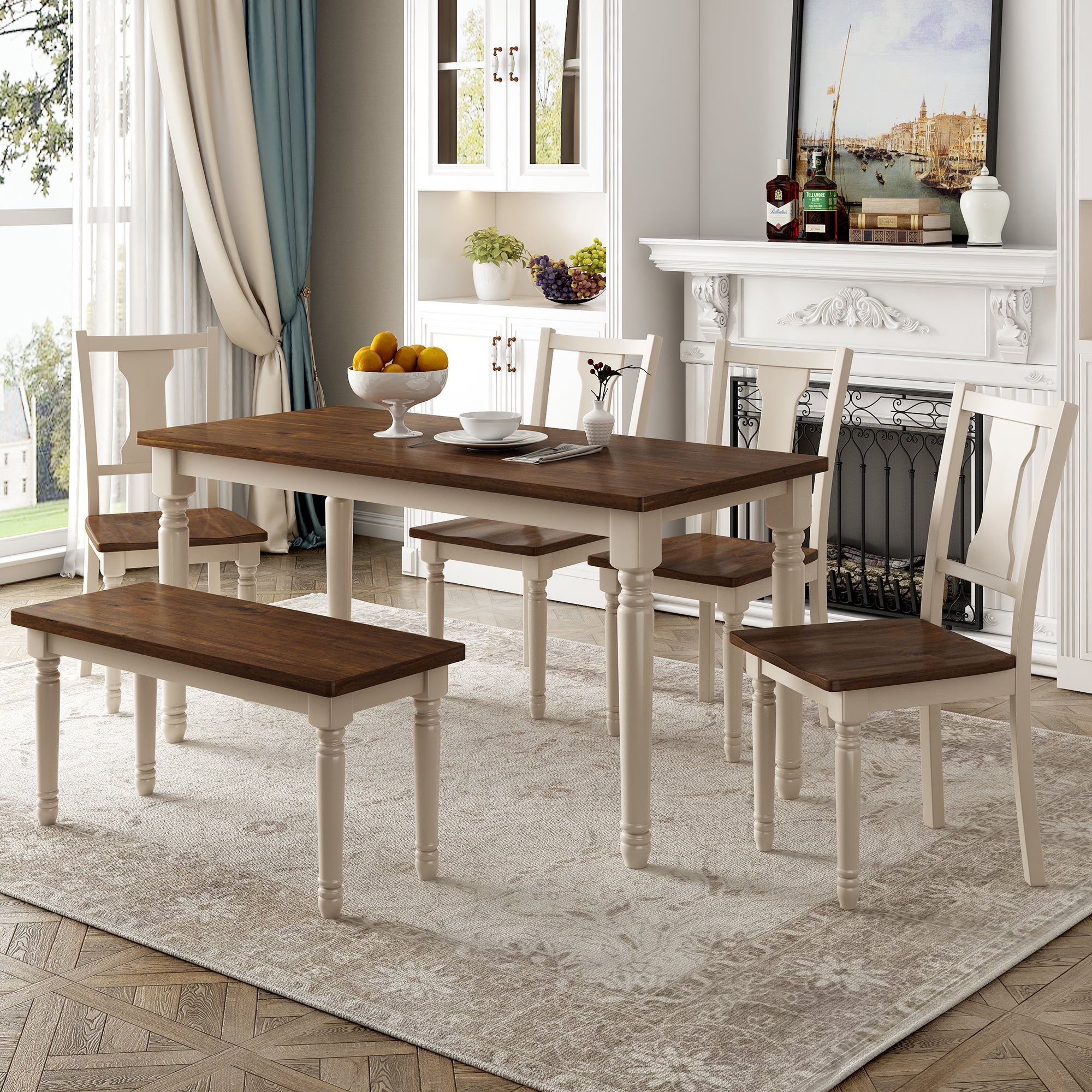 TREXM Classic 6-Piece Dining Set Wooden Table and 4 Chairs with Bench for Kitchen Dining Room (Brown+Cottage White)