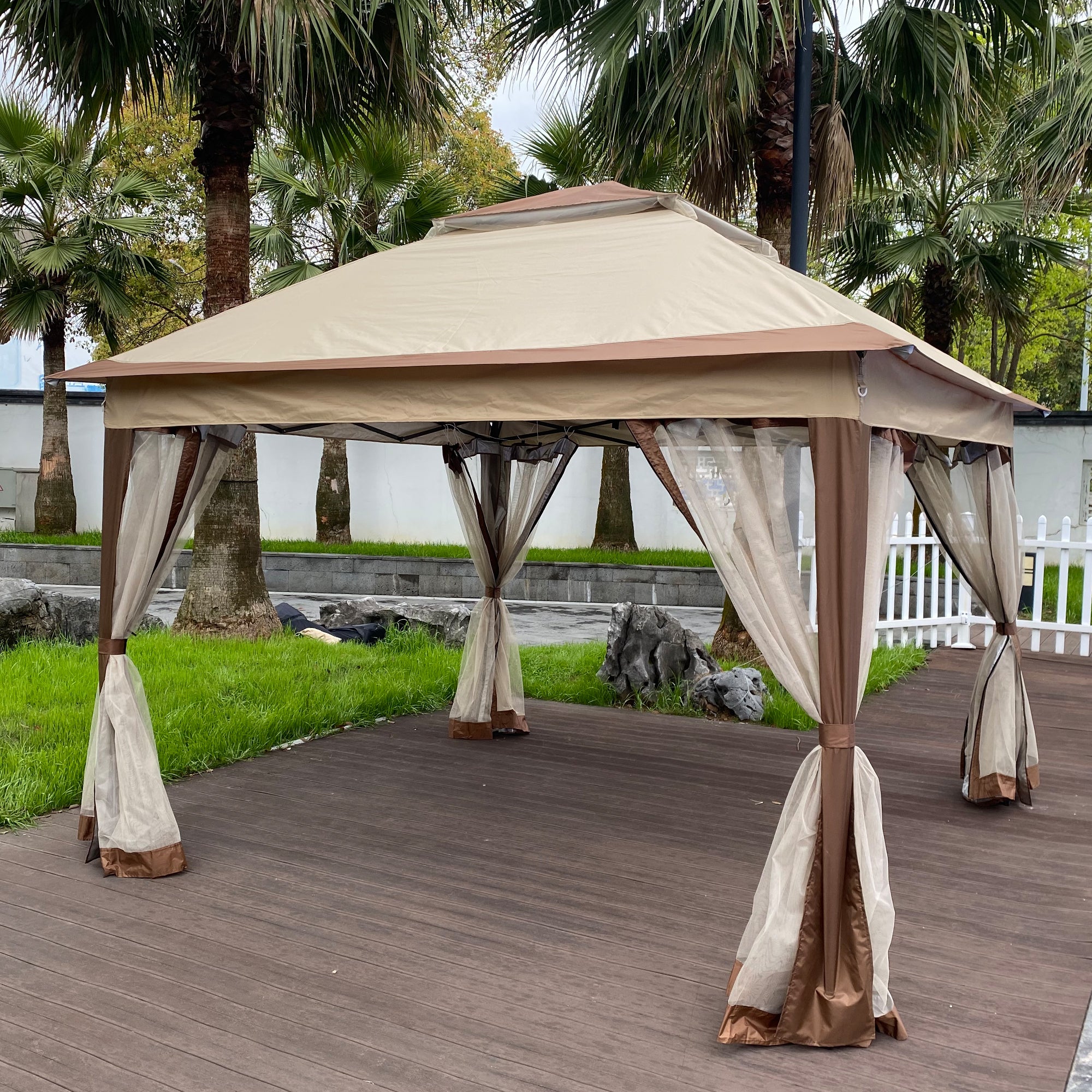Outdoor 11x 11Ft Pop Up Gazebo Canopy With Removable Zipper Netting,2-Tier Soft Top Event Tent,Suitable For Patio Backyard Garden Camping Area,Coffee