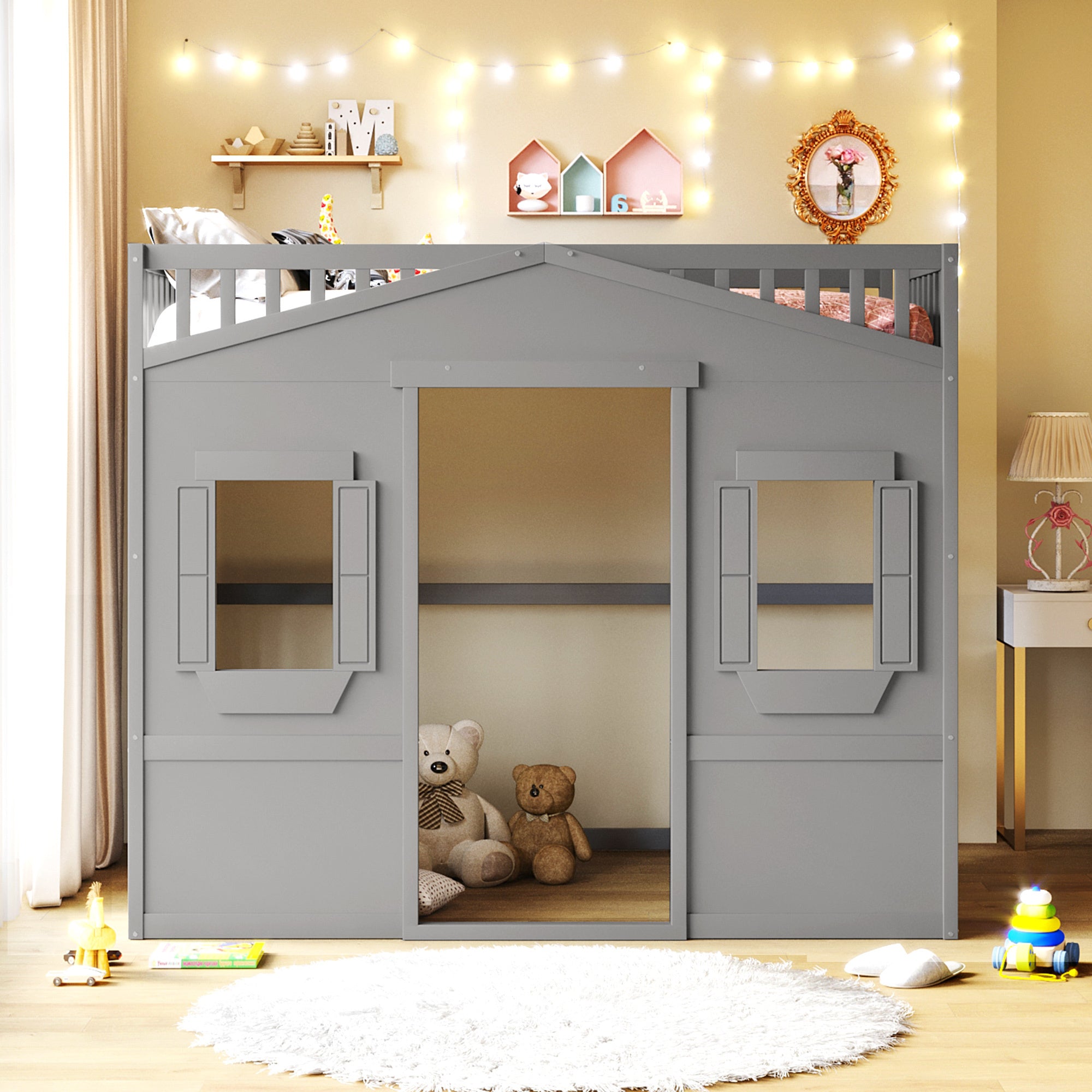 Full Size House Loft Bed With Ladder-Gray