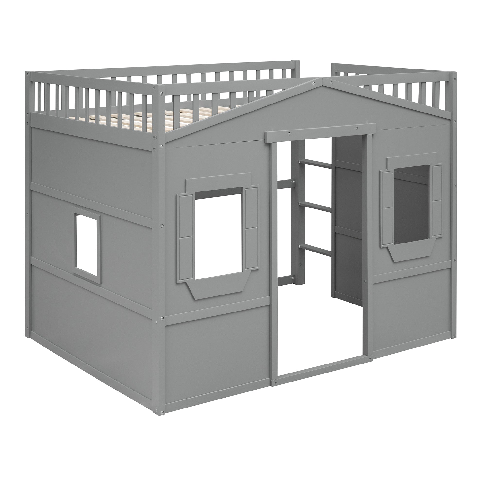 Full Size House Loft Bed With Ladder-Gray