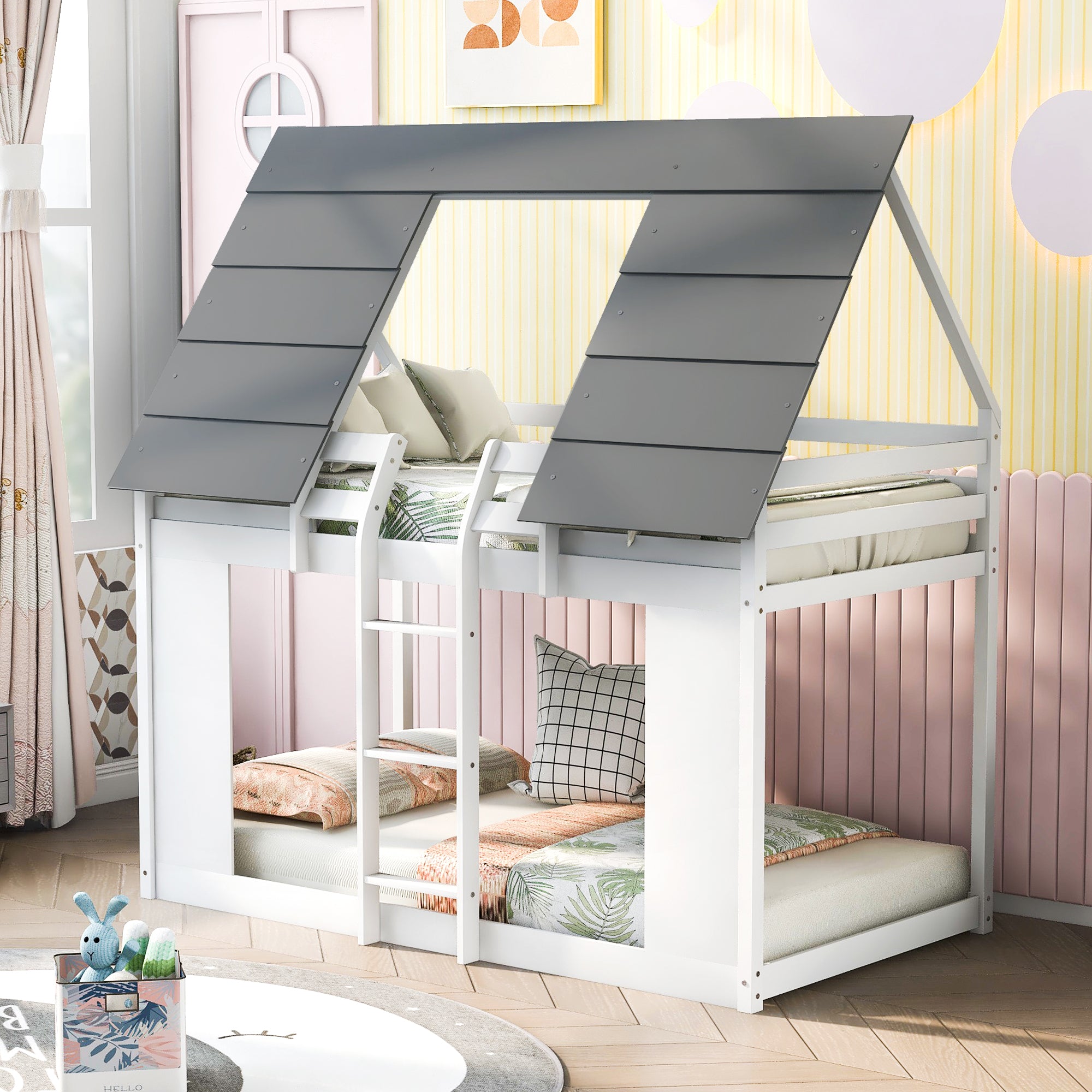 House Bunk Bed with Roof and Built-in Ladder,White(OLD SKU:GX000517AAK)