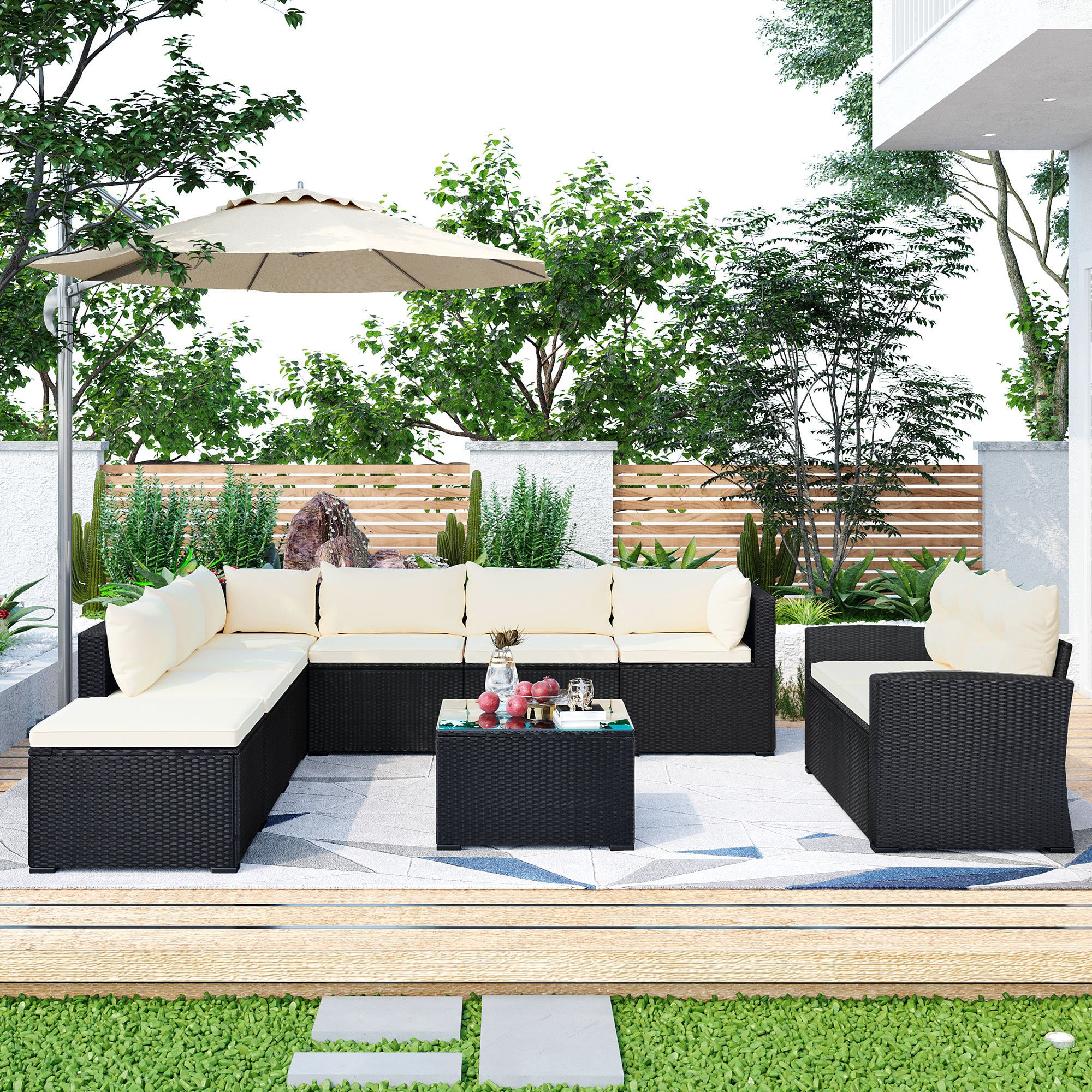 GO 9-piece Outdoor Patio Large Wicker Sofa Set, Rattan Sofa set for Garden, Backyard,Porch and Poolside, Black wicker, Beige Cushion
