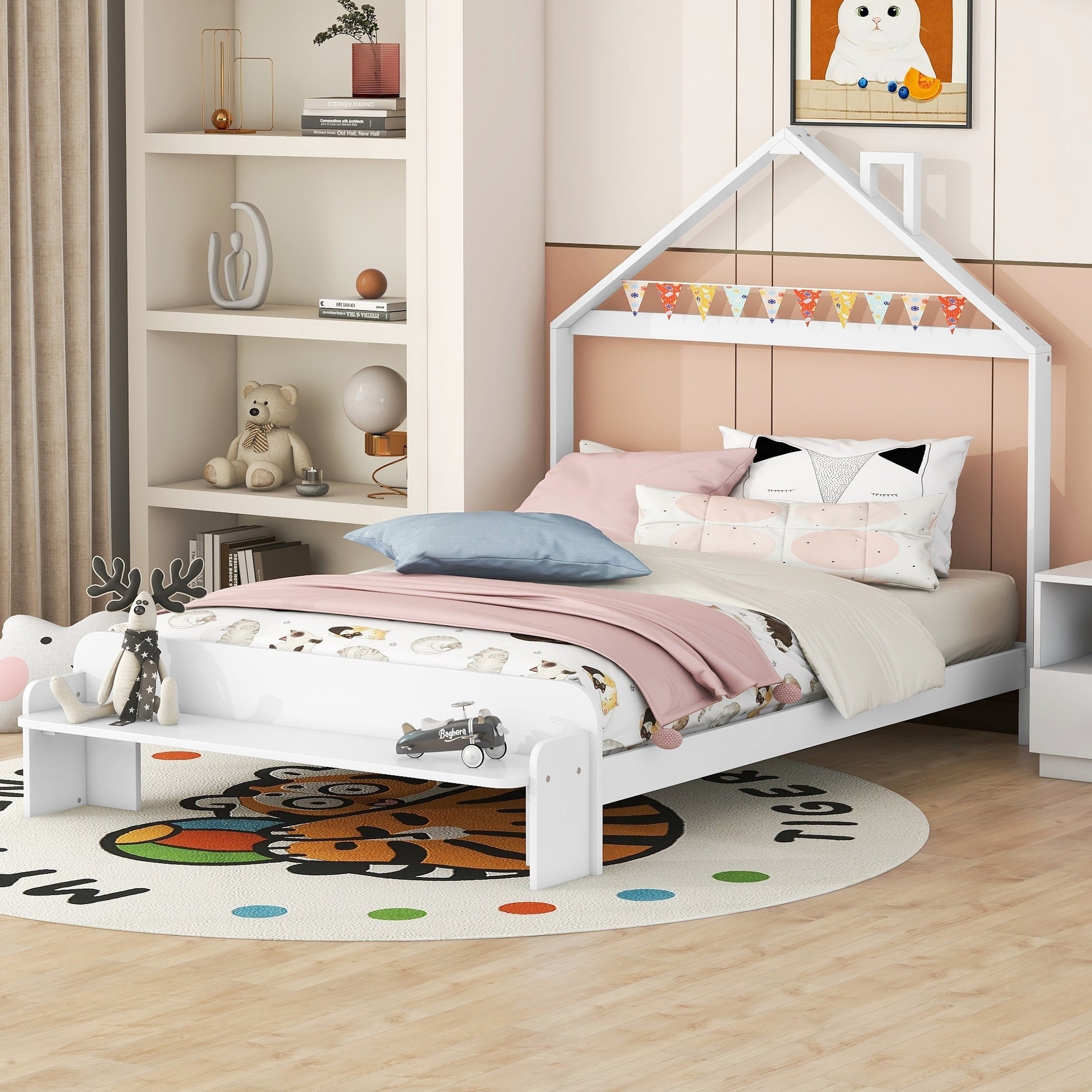 Full Size Wood Platform Bed with House-shaped Headboard and Footboard Bench,White