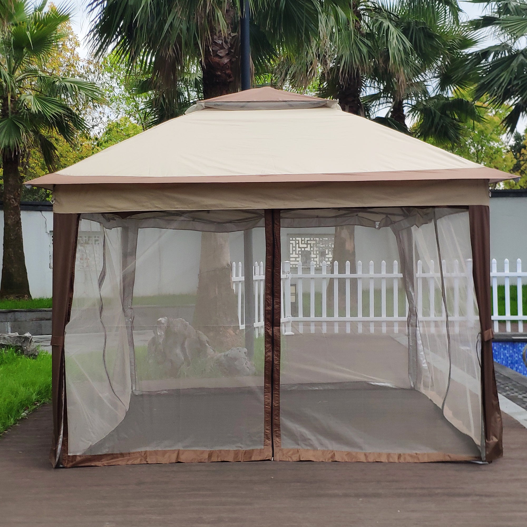 Outdoor 11x 11Ft Pop Up Gazebo Canopy With Removable Zipper Netting,2-Tier Soft Top Event Tent,Suitable For Patio Backyard Garden Camping Area,Coffee